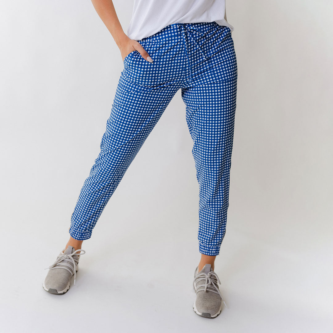Blue Gingham Jetsetters - Stylish and Comfortable Travel Outfit for Women | Perfect for Vacations, Road Trips, and Summer Adventures