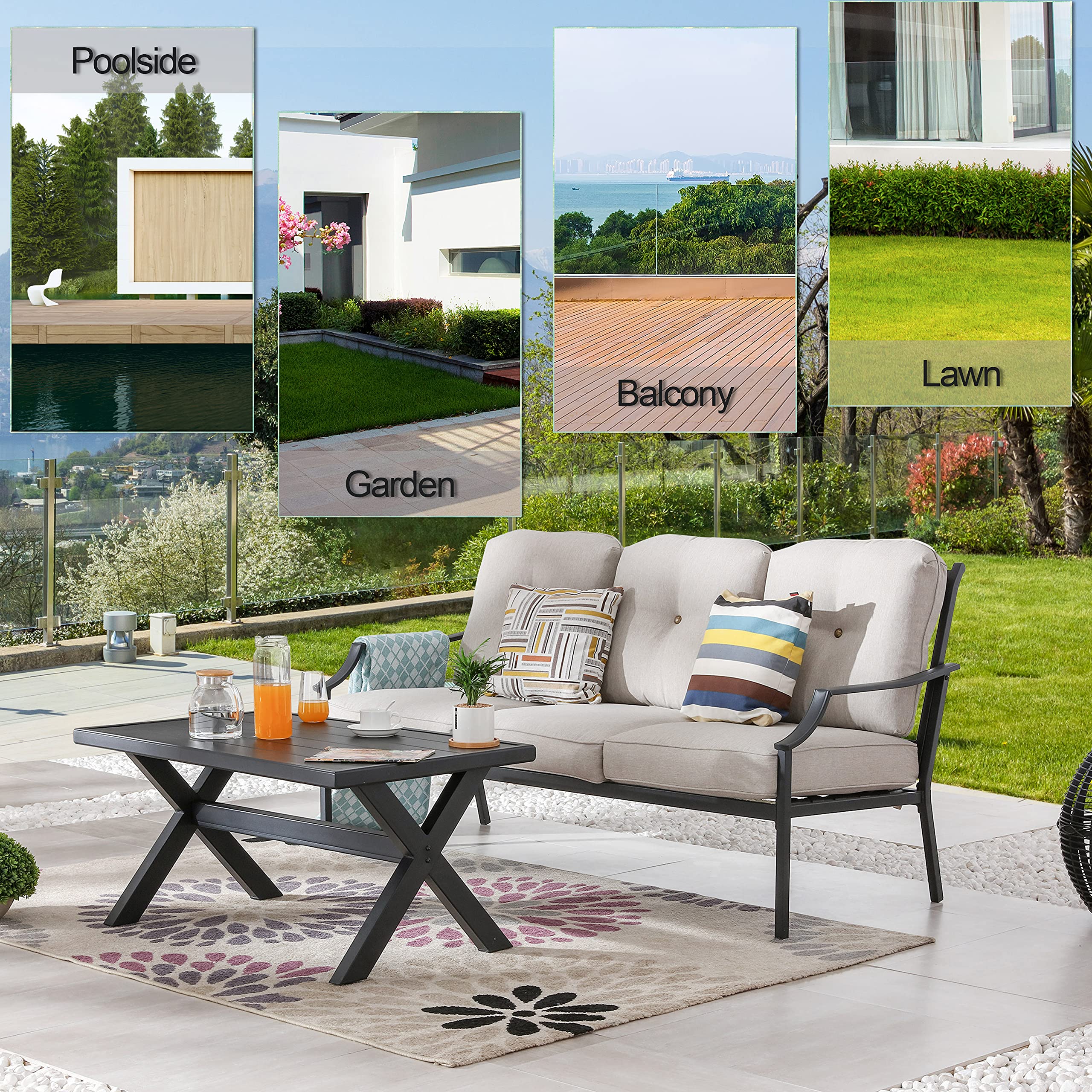 LOKATSE HOME Outdoor Patio Cushioned Loveseat 3-Seater Sofa Bench with Metal Coffee Table - Beige - Perfect for Garden, Backyard, Poolside & Patio Relaxation