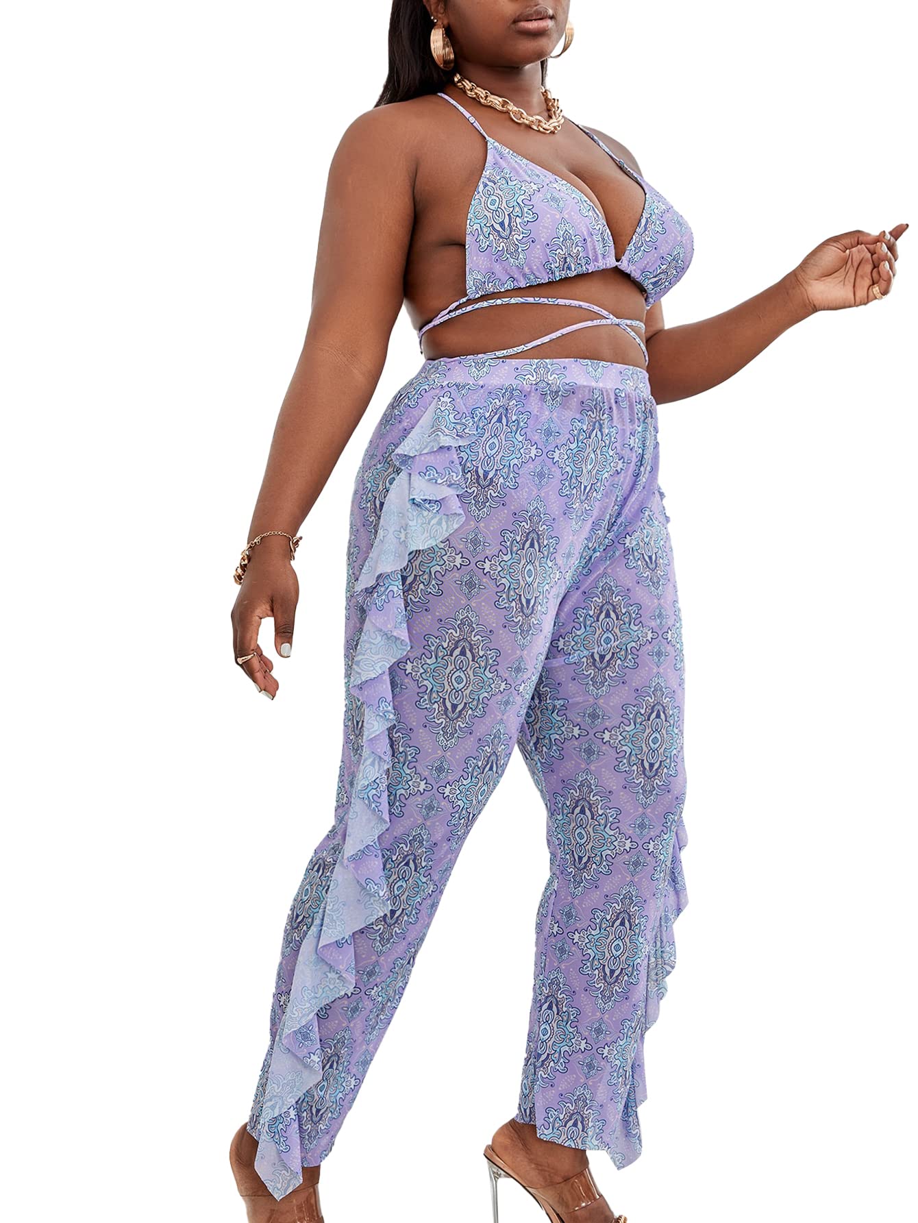 MakeMeChic Women's Plus Size 3 Piece Self Tie Bikini Swimsuit Set with Cover Up Pants - Sexy Swimwear for Curvy Women, Beach Vacation & Pool Party Outfit