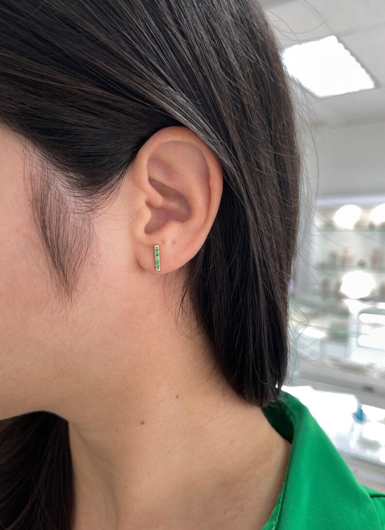 0.20 Carats Vivid Green Natural Emerald French Set Stacking Earlobe Bar Earrings in 14K Gold - Perfect for Everyday Wear, Gift Giving & Special Occasions