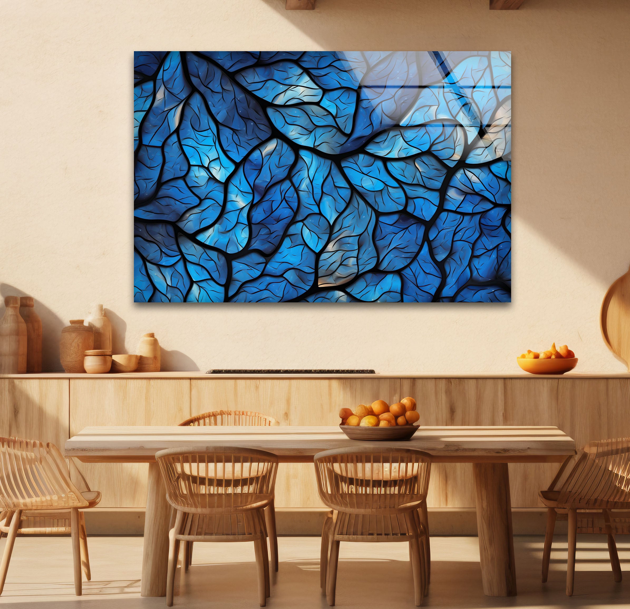 Blue Leaf Mosaic Wall Art - Abstract Nature Glass Print for Modern Home & Office Decor | Perfect for Living Room, Bedroom & Office Spaces
