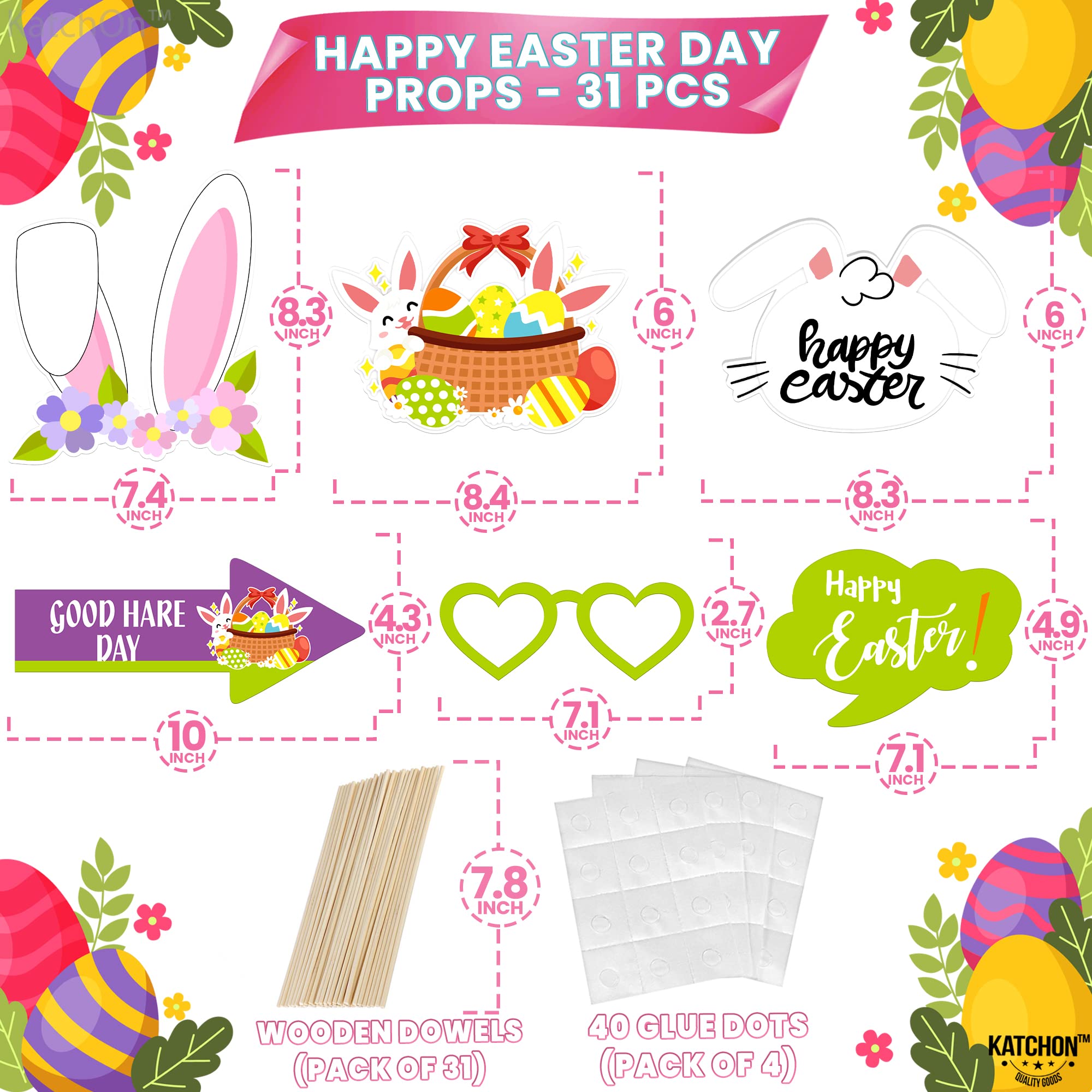 KatchOn Happy Easter Photo Booth Props - 31-Piece Set for Easter Photoshoot & Spring Party Decor | Easter Photography Backdrops, Bunny Ears & Themed Signs | Perfect for Easter Egg Hunts, Family Photos & Spring Celebrations