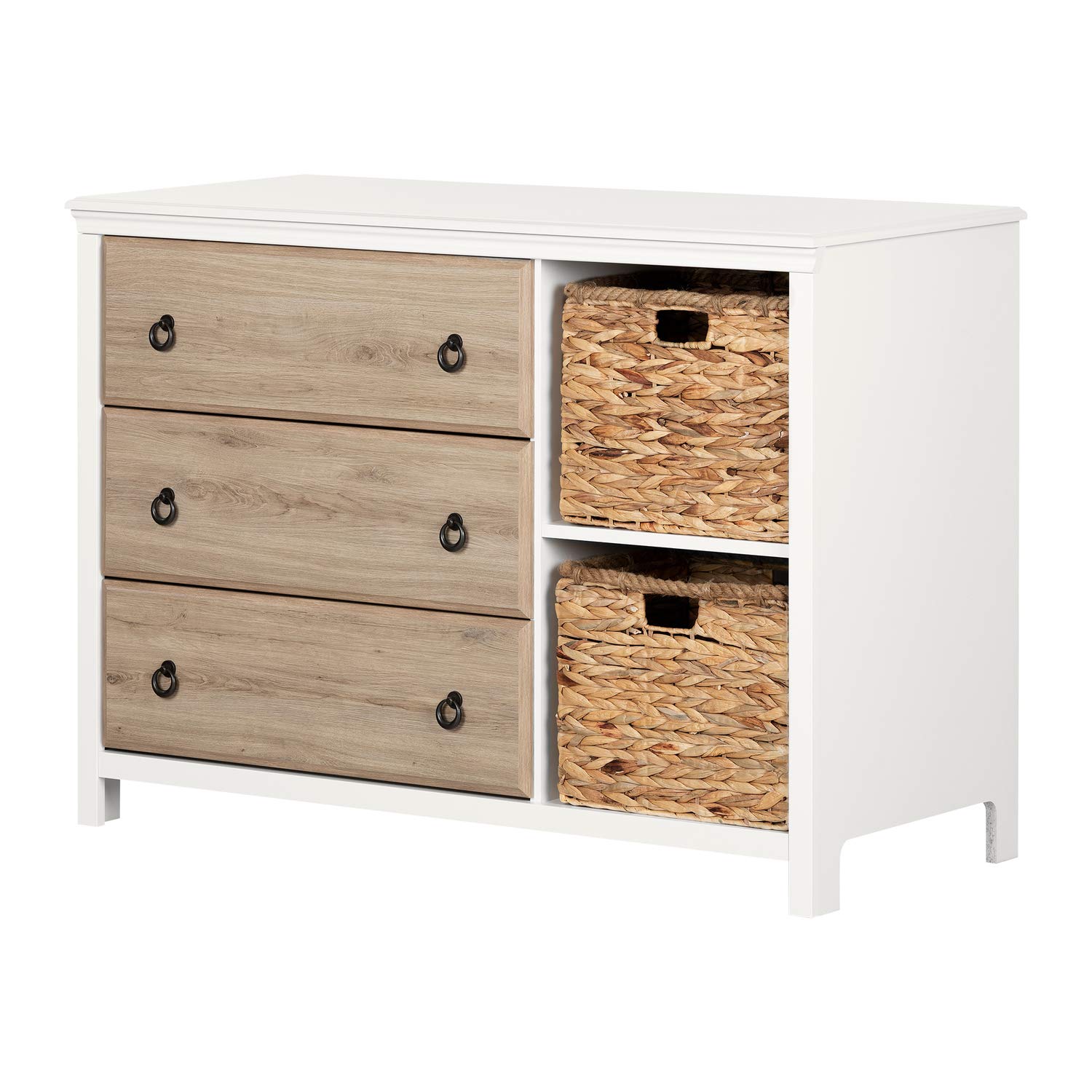 South Shore Cotton Candy 3-Drawer Dresser with Baskets in Pure White & Rustic Oak - Coastal Style Bedroom Storage for Kids, Teens & Nursery Organization
