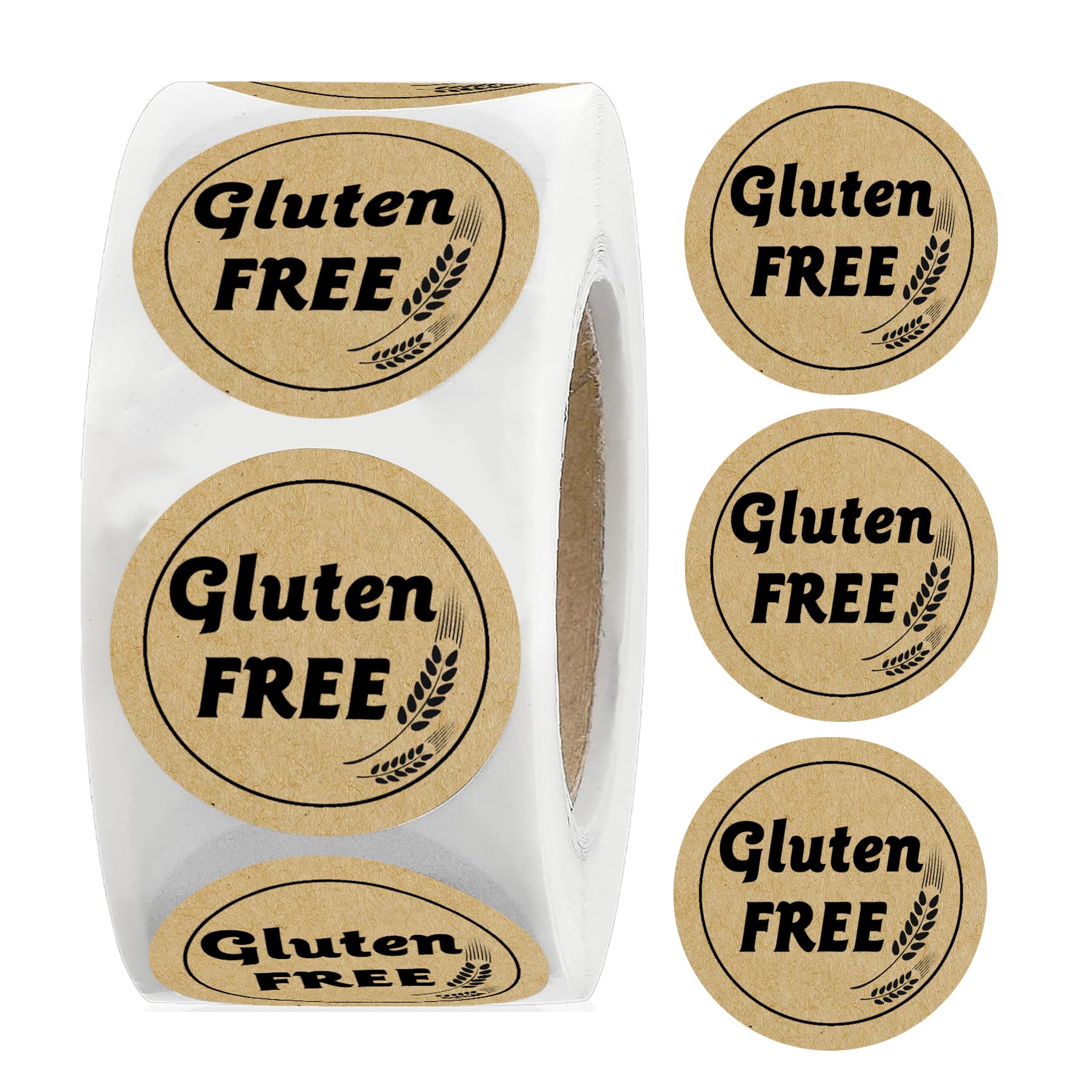 1 Inch Gluten Free Brown Kraft Stickers - 500pcs Rotating Food Labels for Retail Packaging | Ideal for Gluten-Free Bakeries, Health Food Stores & Meal Prep Containers