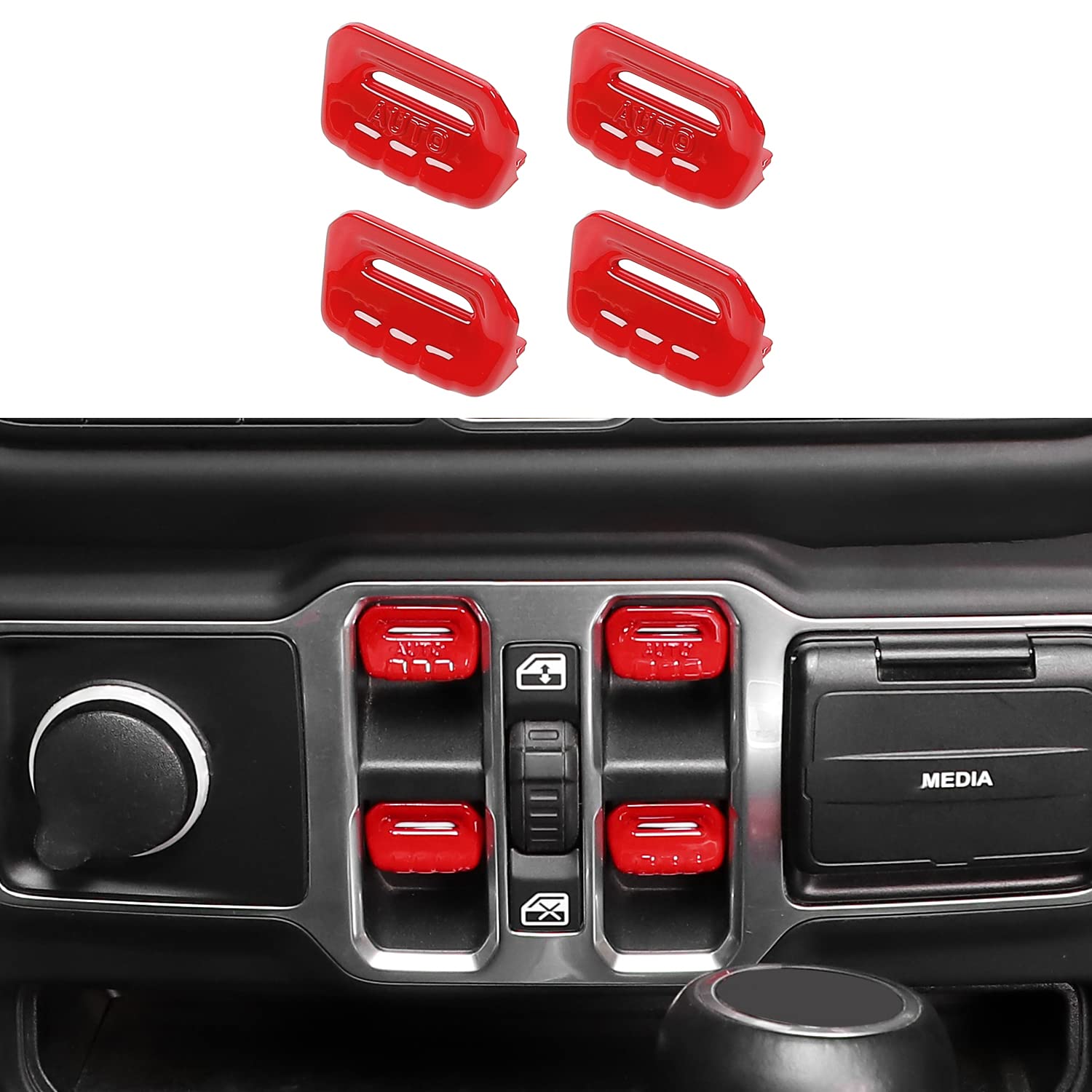 Jeep Wrangler JL/JLU (2018-2024) & Gladiator JT (2020-2024) 4-Piece Red Center Console Window Button Switch Cover Trim Kit - Interior Accessories for Enhanced Style & Protection - Perfect for Off-Roading & Daily Driving