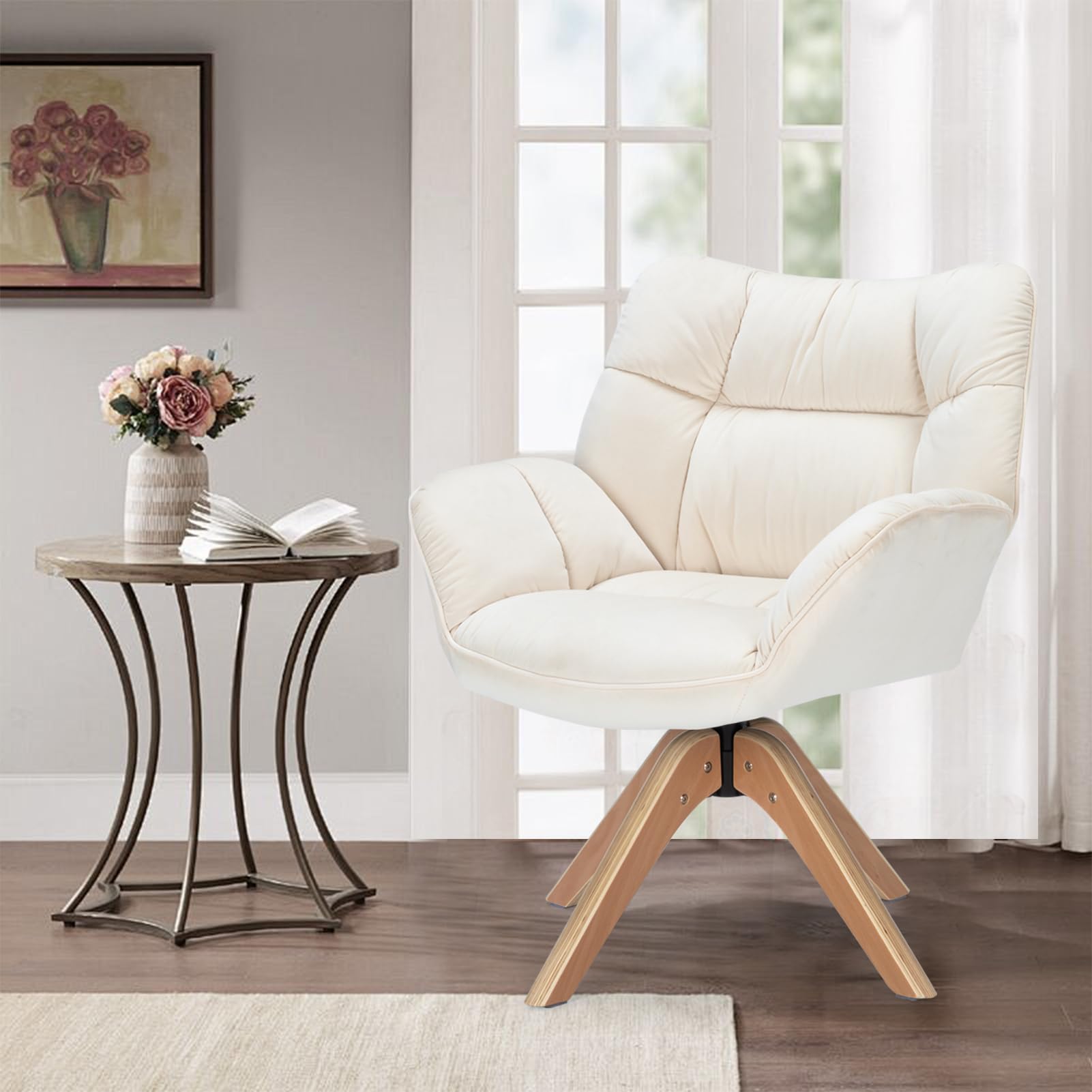 Modern Fabric Accent Chair with Wood Legs - Cozy Upholstered Boucle Armchair for Living Room, Bedroom, Office & Dining Room | Perfect Vanity Chair & Guest Seating (Beige) - Ideal for Relaxing, Reading & Home Decor