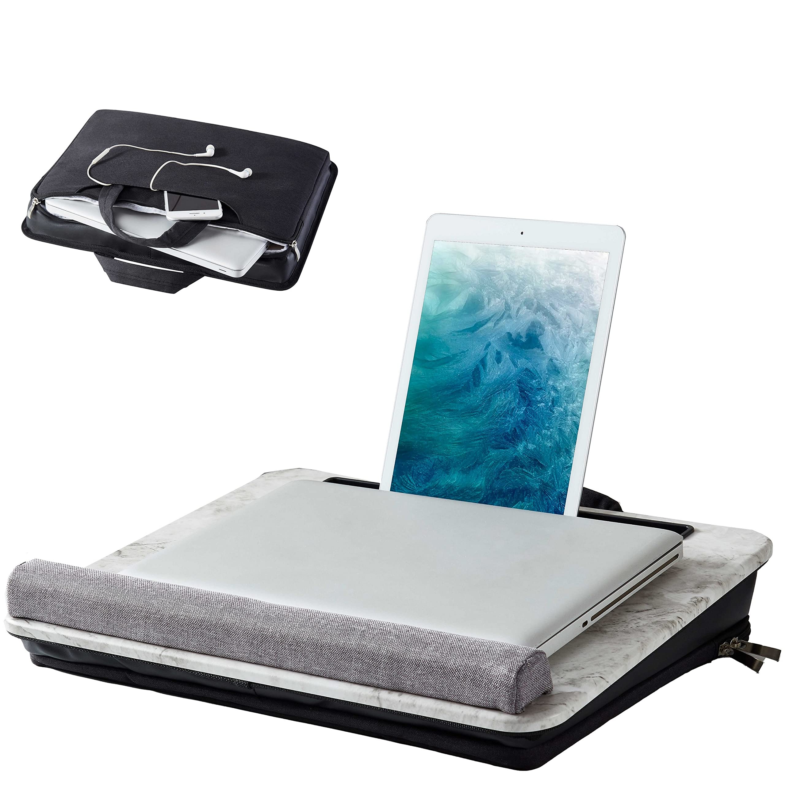 Portable Laptop Lap Desk with Cushion & Wrist Pad - Fits 15-15.6 Inch Laptop, Includes Sleeve Case & Built-in Tablet/Phone Holder - Perfect for Sofa, Bed, Office & Travel (Marble Design)
