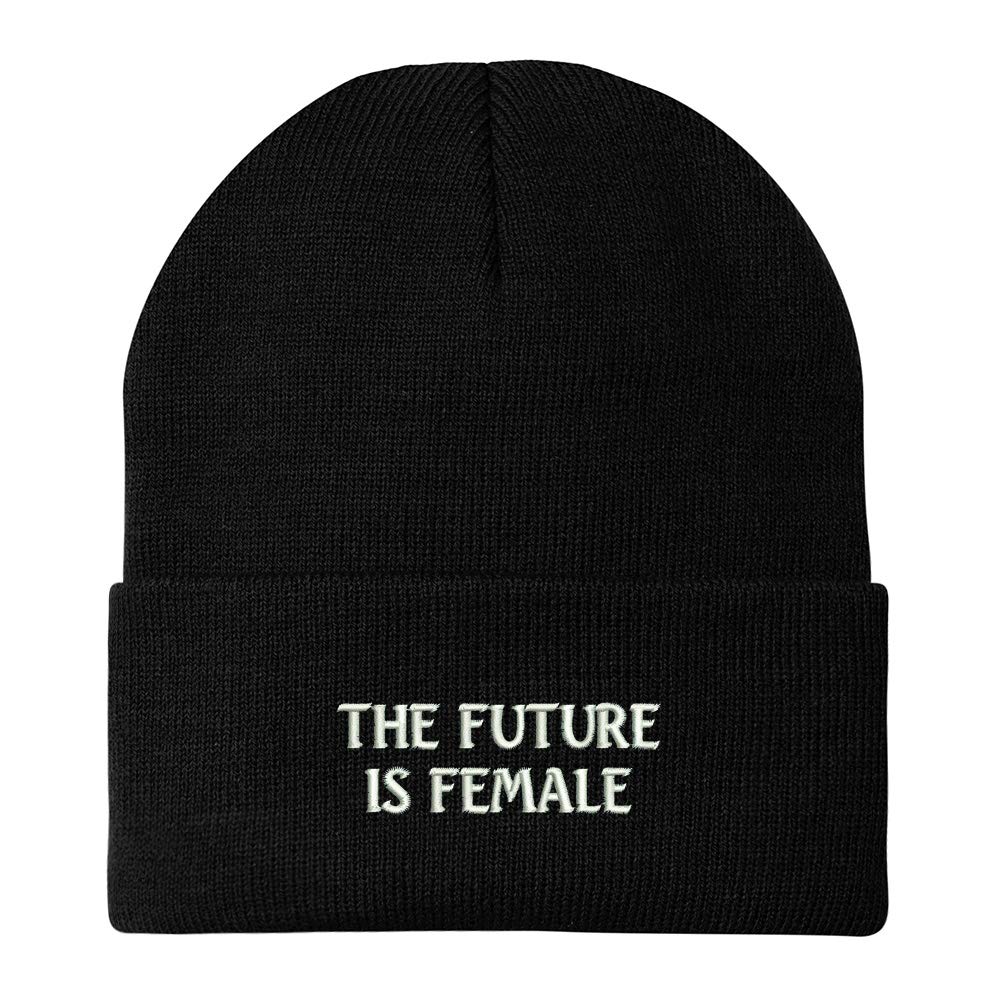 Trendy Women's Embroidered 'The Future is Female' Winter Cuff Long Beanie Hat - Warm Knit Slouchy Beanie for Cold Weather, Outdoor Activities & Casual Fashion