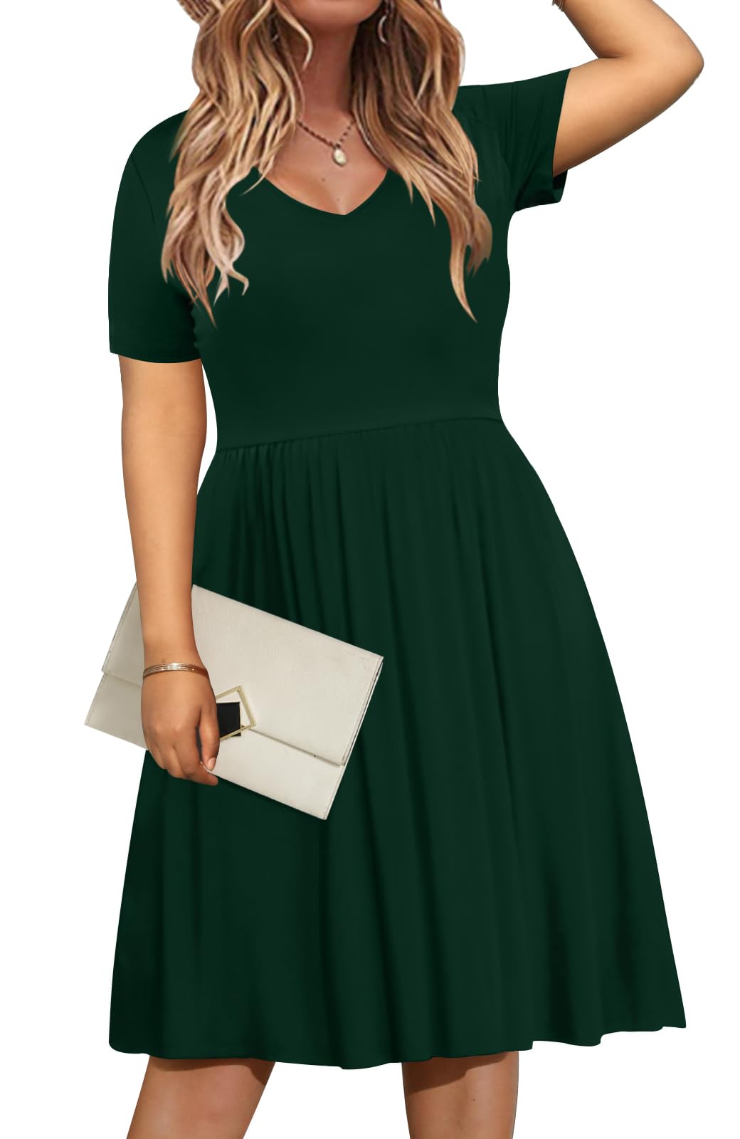 DB MOON Women's Plus Size Summer Casual Dress 2025 - V Neck Short Sleeve Knee Length Dress with Pockets (XL) | Perfect for Beach Outings, Picnics & Summer Parties