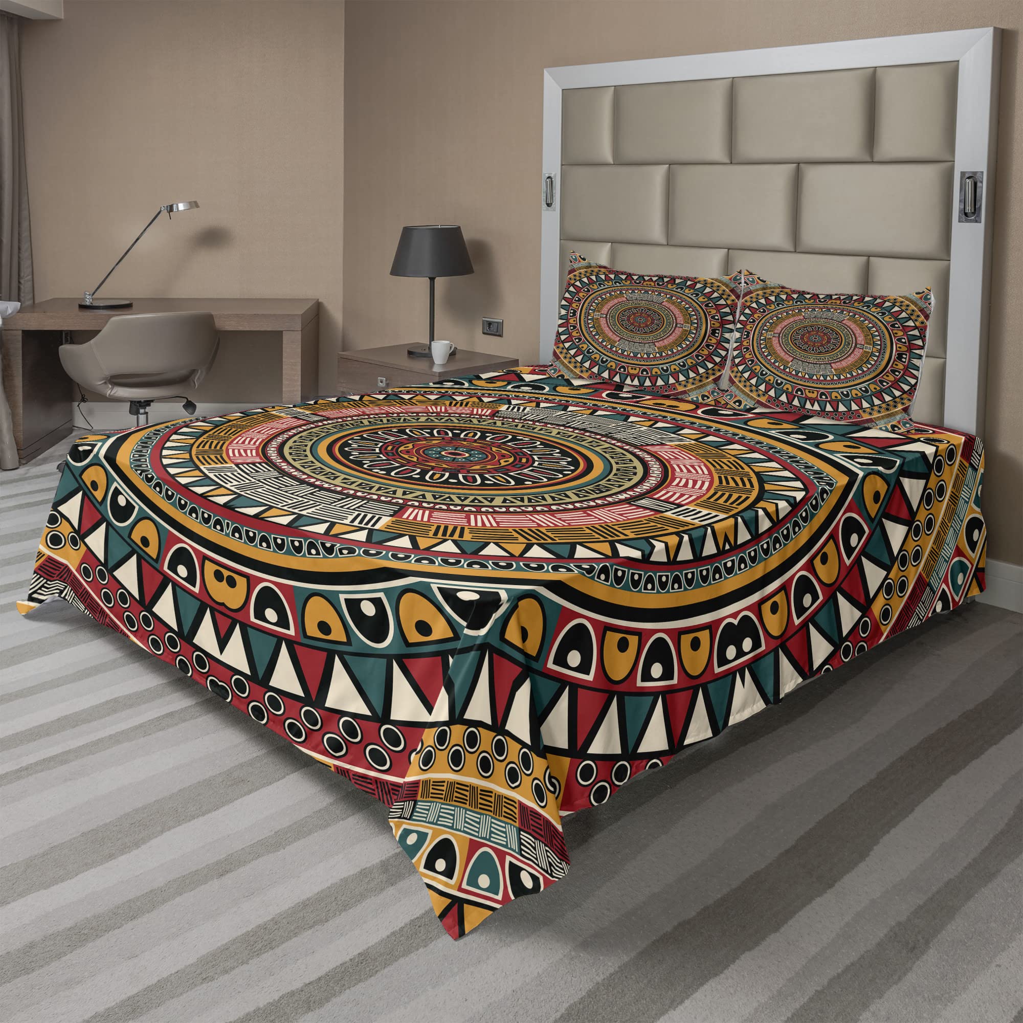 Ambesonne Tribal 4-Piece King Sheet Set - Folkloric Aztec Art Design with Round Patterns in Jade, Ruby & Mustard | Fitted Sheet, Flat Sheet & Pillowcases | Perfect for Bohemian & Eclectic Bedroom Decor