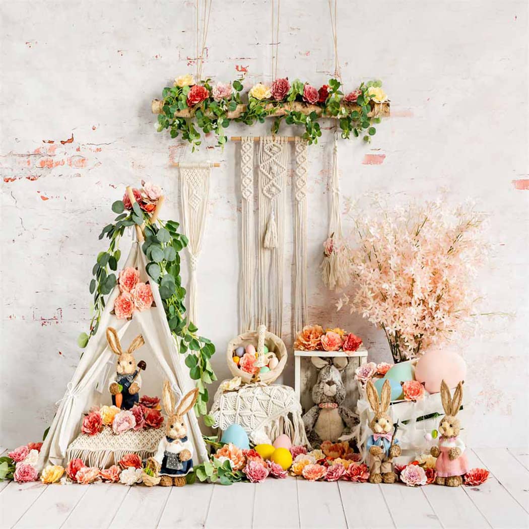 Easter Rabbit Backdrop 8x8ft - Colorful Eggs & Flowers Spring Photography Background for Holiday Parties, Camp Tents, Kids Portraits | Perfect for Easter Celebrations, Baby Showers & Family Photo Shoots