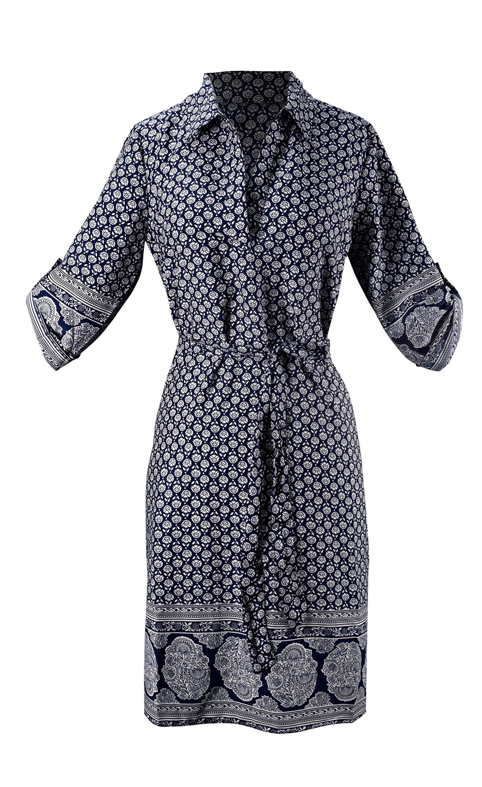 Women's Blue Button Front Belted Waist Shift Dress - 70s Retro Style for Casual Wear, Office & Party Outfits