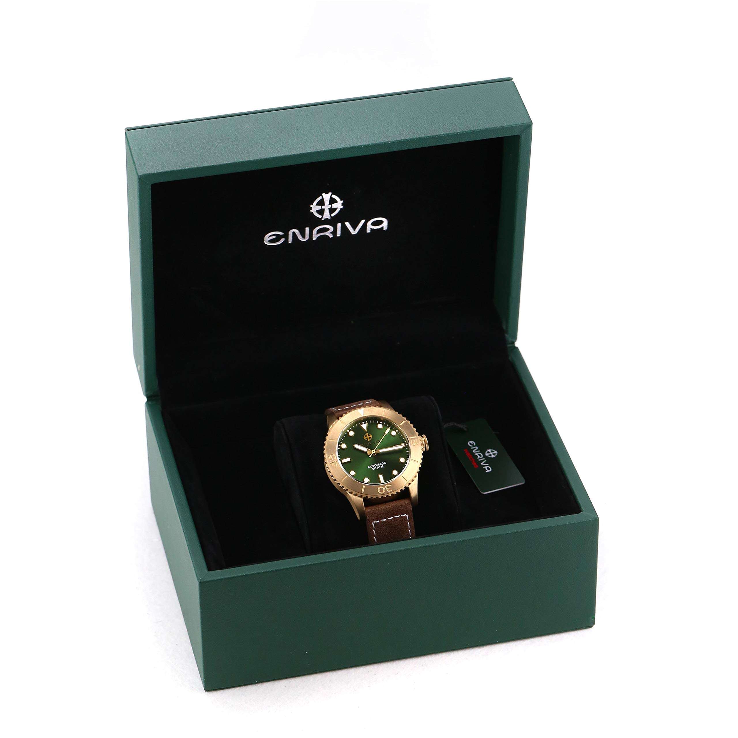 ENRIVA Men's 200m Water Resistant Bronze Automatic Military Dive Watch with Japanese NH35 Movement, Super Luminous, Leather Strap - Perfect for Scuba Diving, Outdoor Adventures & Everyday Wear