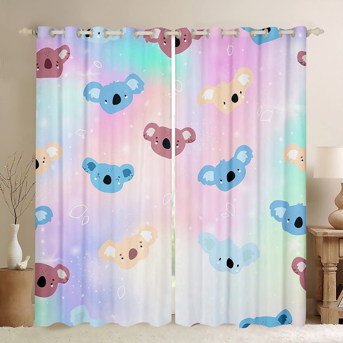 Pastel Tie Dye Cartoon Koala Window Curtains 52x63 Inches - Purple Pink Watercolor Galaxy Print with Gold Stars & Rainbow Design for Kids Room Decor (2 Panels) | Perfect for Nursery, Bedroom & Playroom Window Treatments