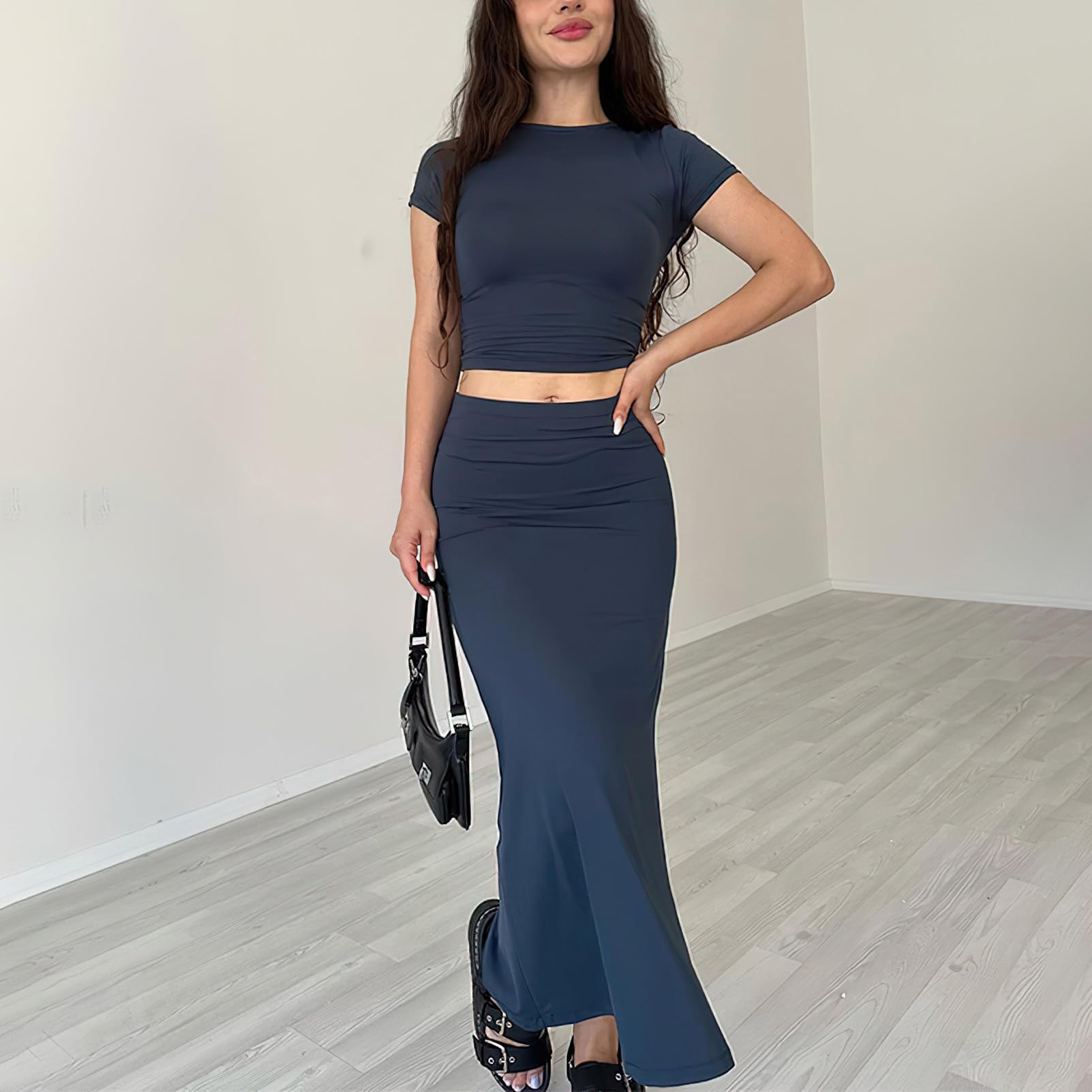 Women's 2 Piece Maxi Skirt Set - Bodycon Crop T-Shirt & High Slit Dress for Summer | Beach Vacation, Date Night, Party Outfits