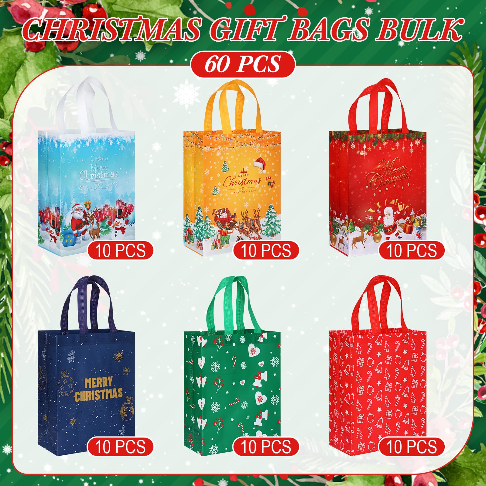 60 Pack Christmas Gift Bags Bulk - Reusable Holiday Tote Bags with Handles for Xmas Treats, Party Favors & Shopping - Non-Woven Festive Gift Bags for Christmas, Holidays & Special Occasions