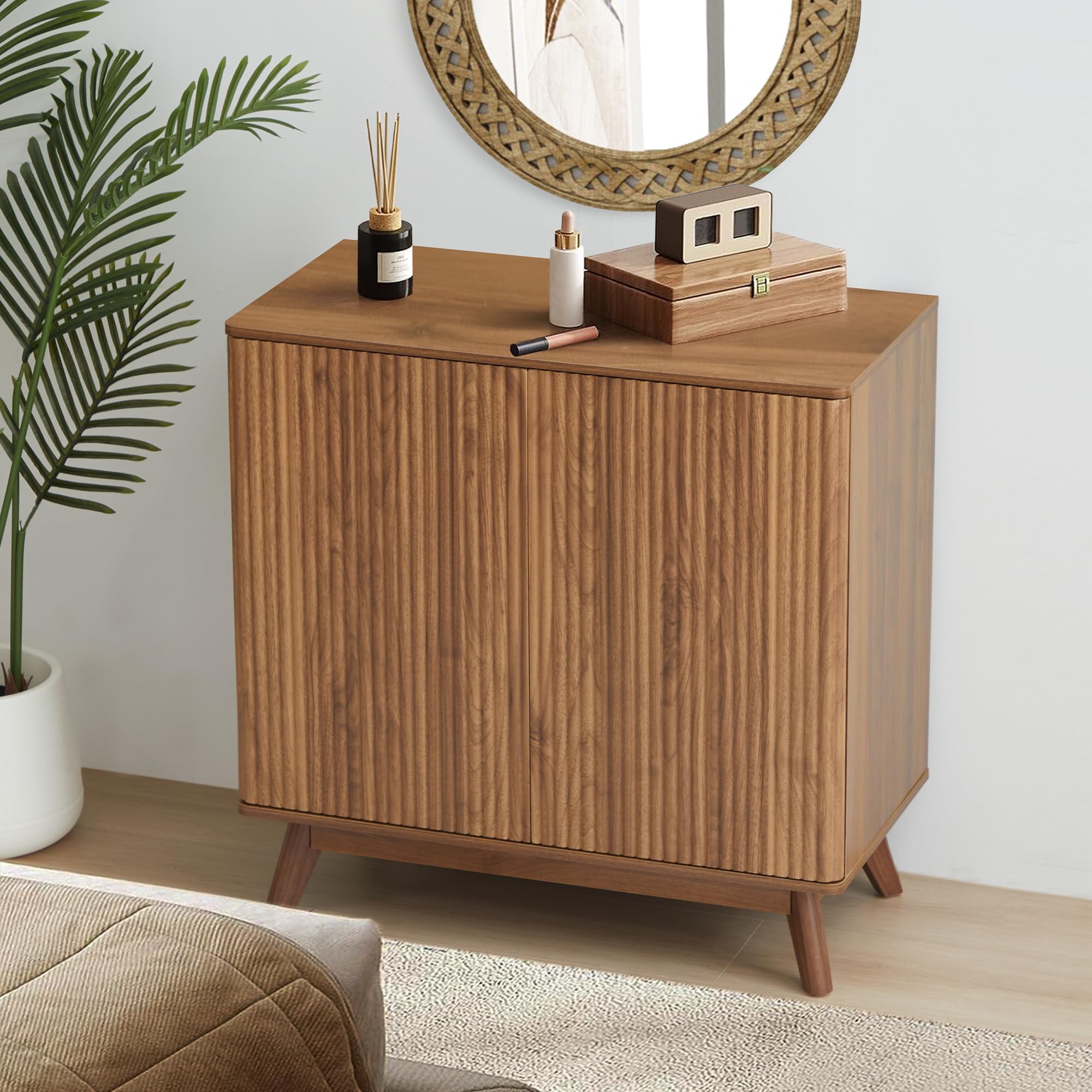 Mid Century Walnut Sideboard Cabinet - Farmhouse Fluted Credenza with 2 Doors for Kitchen, Dining Room, Office & Living Room Storage | Perfect for TV Stand, Coffee Buffet & Entryway Organizer
