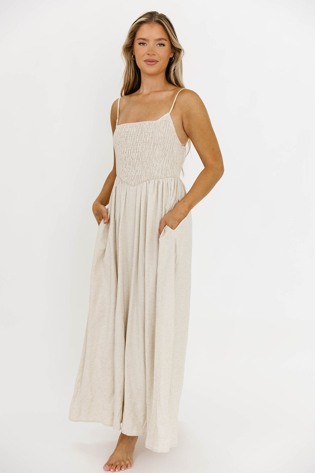 Josefina Smocked Maxi Dress in Natural - Bump Friendly Maternity Dress for Pregnancy & Nursing | Perfect for Baby Showers, Beach Vacations & Summer Weddings