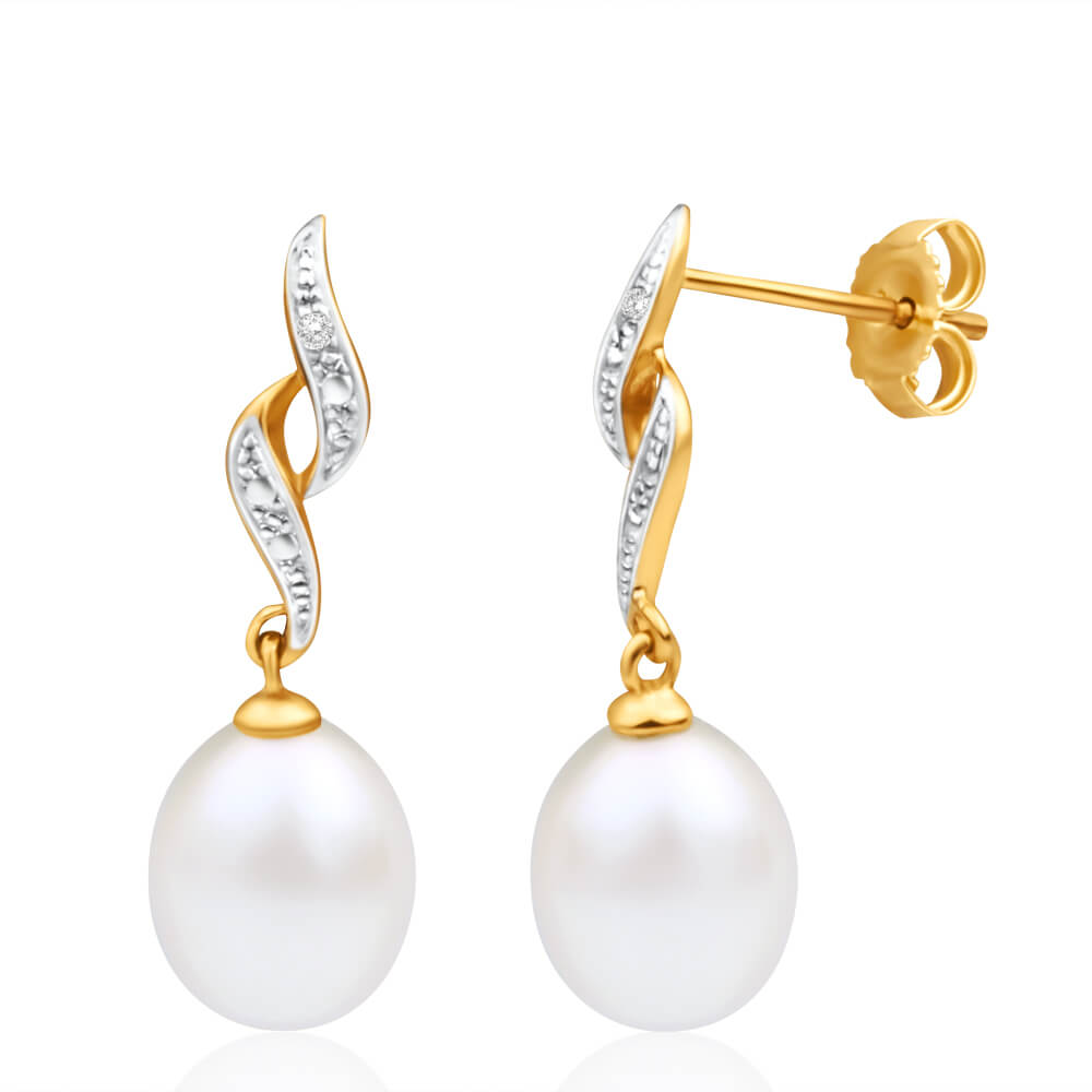 9ct Yellow Gold Diamond and Pearl Drop Earrings | Elegant Dangle Earrings for Women | Perfect for Weddings, Parties & Special Occasions