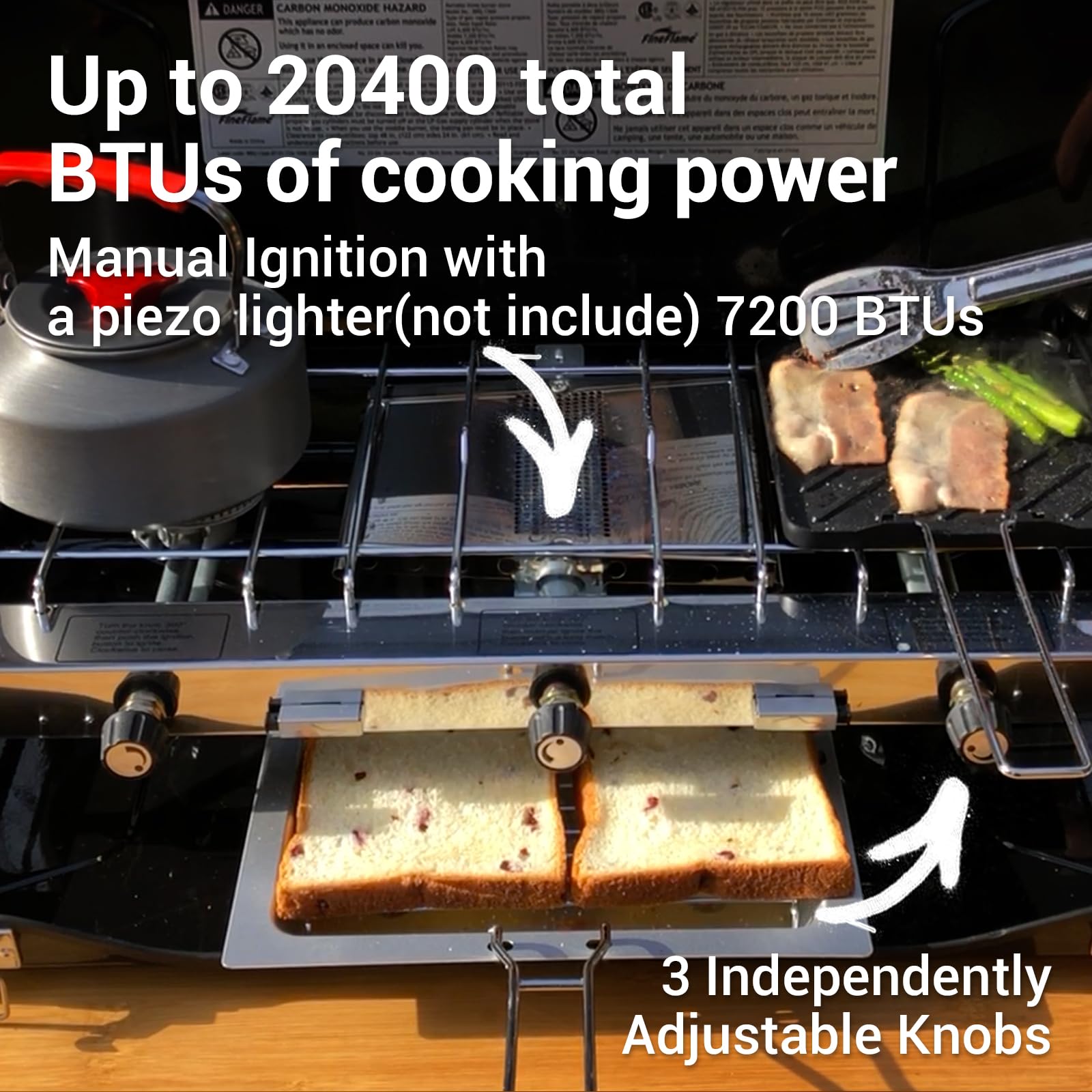 **3 Burner Camping Stove 20400 BTU - Portable Propane Stove with Regulator, Toast Tray & Windshield - Perfect for Car Camping, BBQ, Picnics & Outdoor Cooking**    *(Use Cases: Ideal for camping trips, tailgating, backyard cookouts, beach picnics, RV adventures, and emergency preparedness.)*