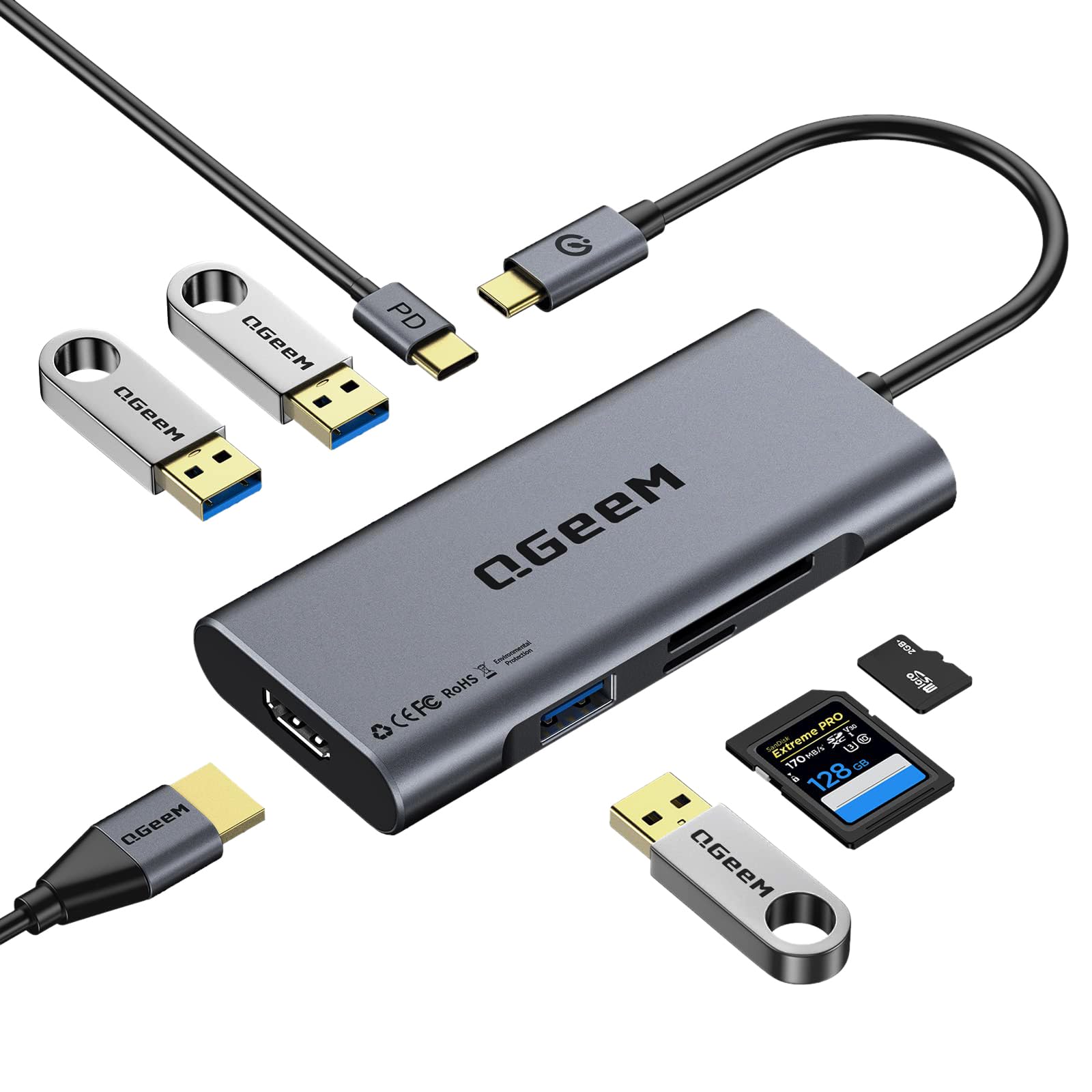 QGeeM 7-in-1 USB C Hub with 4K HDMI & 100W PD - for MacBook, iPhone, iPad - Home & Office Use
