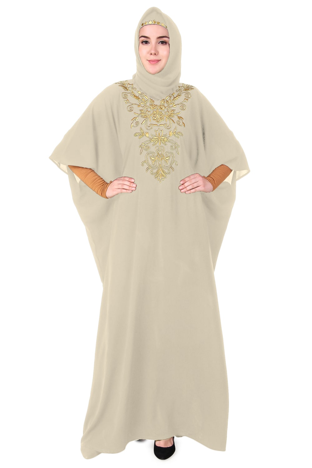 Embroidered Floral Gold Kaftan Dress for Women - Elegant Boho Maxi Dress for Beach, Party & Special Occasions