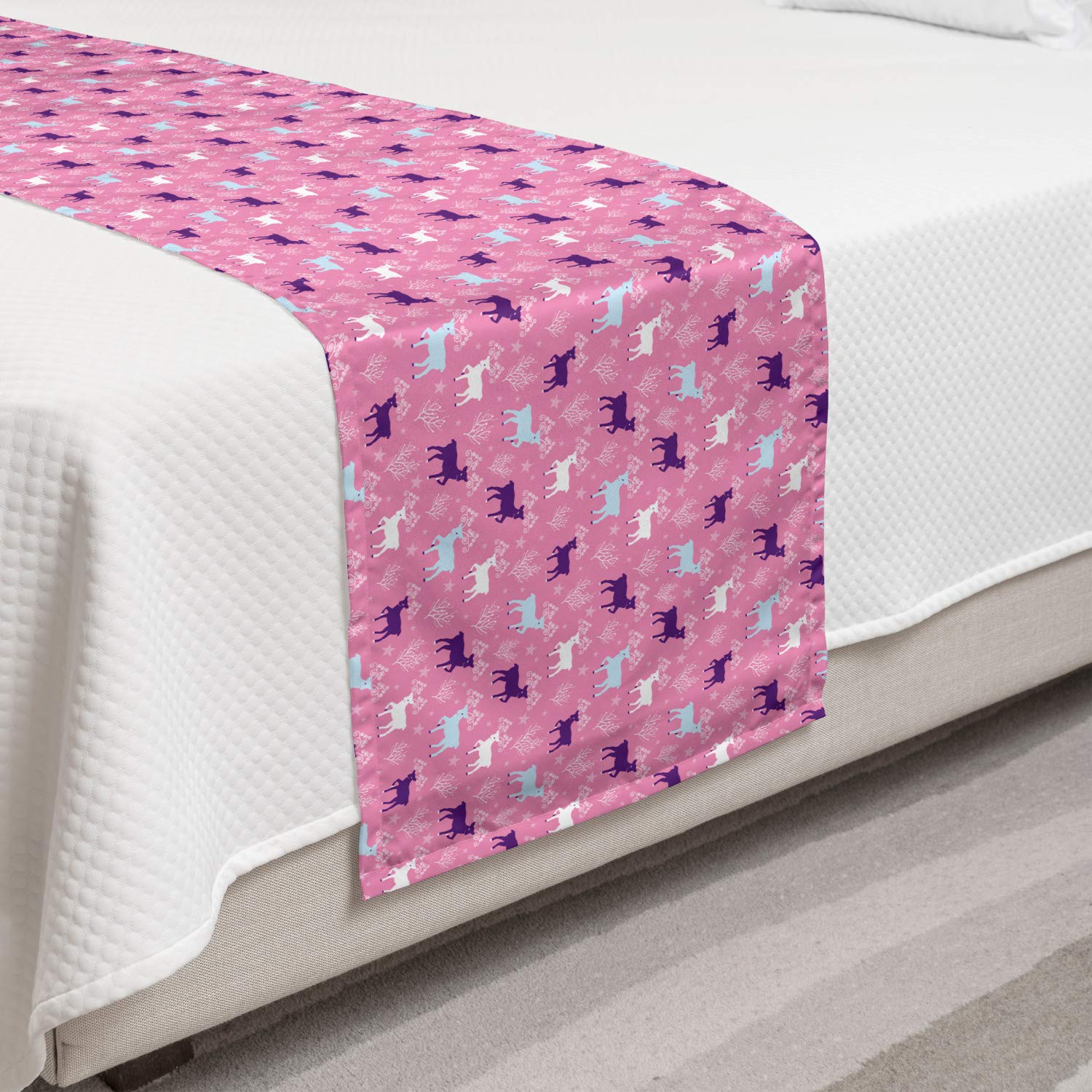 Ambesonne Cartoon Bed Runner - Abstract Reindeer Trees & Curlicue Antlers Pattern, Decorative Bed Scarf for Twin Beds | Pale Pink Multicolor | Perfect for Hotels, Homes & Guest Rooms (Ideal for Winter Decor & Holiday Styling)