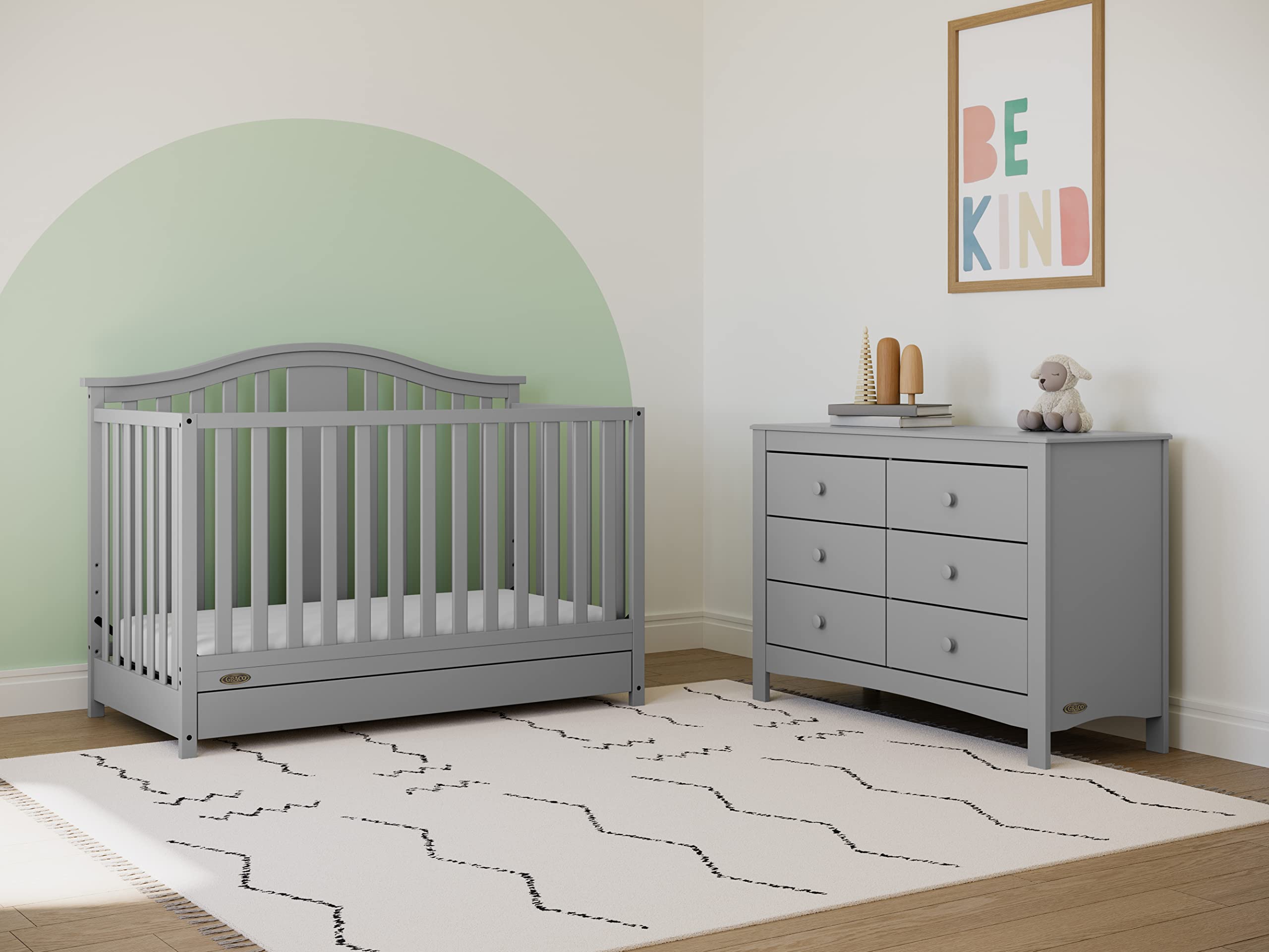 Graco Solano 4-in-1 Convertible Crib with Storage Drawer in Pebble Gray – GREENGUARD Gold Certified, Converts to Toddler & Full-Size Bed | Safe Nursery Furniture for Baby & Kids Room | Space-Saving Design with Built-in Storage