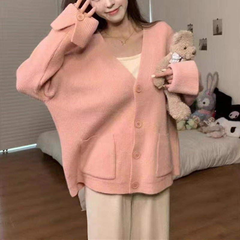 Women's Autumn V-Neck Knitted Cardigan with Pockets - Cozy Long Sleeve Open Front Sweater Jacket for Fall & Winter | Perfect for Office, Date Night & Casual Outfits