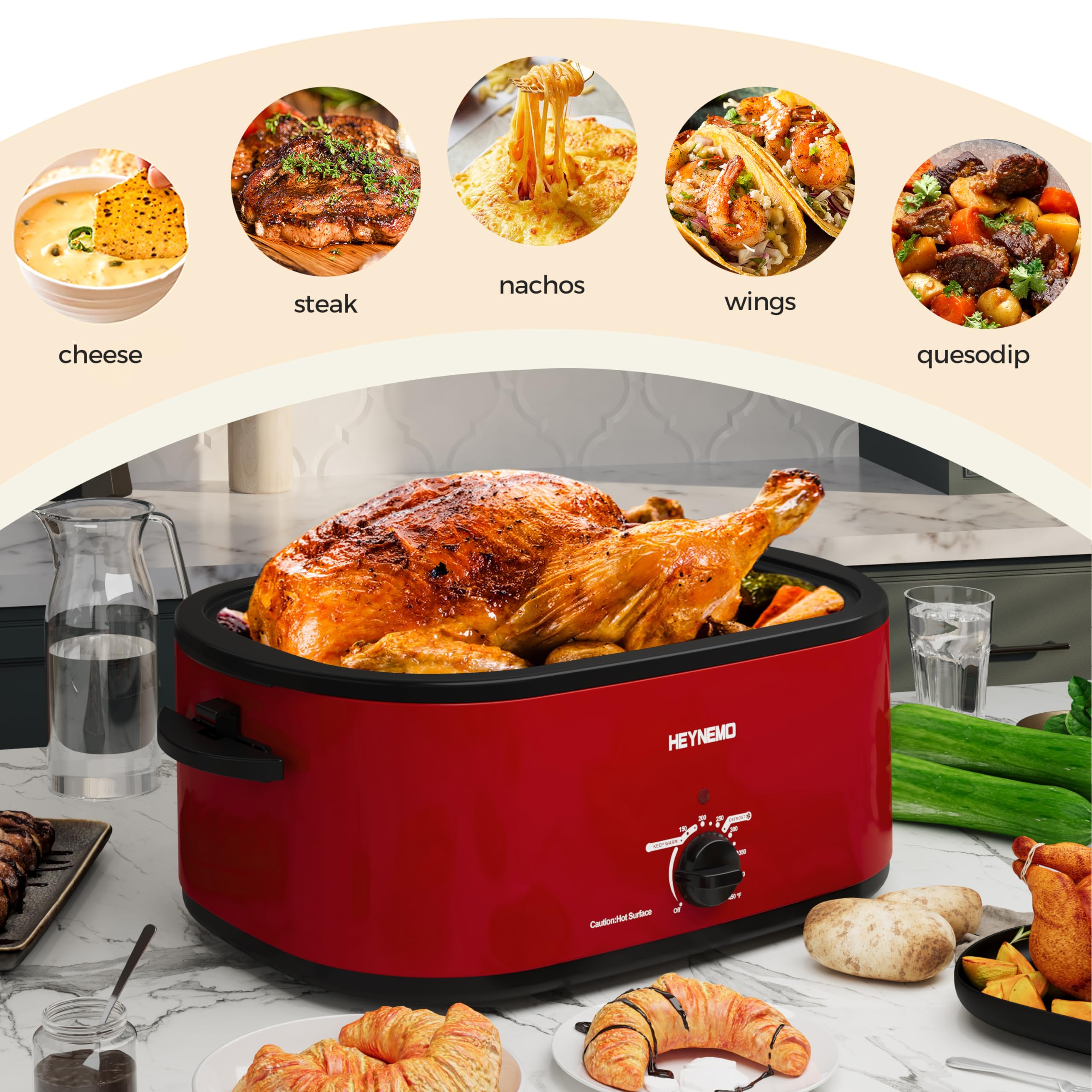 26QT 3-in-1 Electric Roaster Oven with Thawing, Heating & Warm Function, Stainless Steel Turkey Roaster with Self-Basting Lid, Removable Pan Rack & Cool-Touch Handles – Perfect for Holiday Meals, Buffets & Family Gatherings