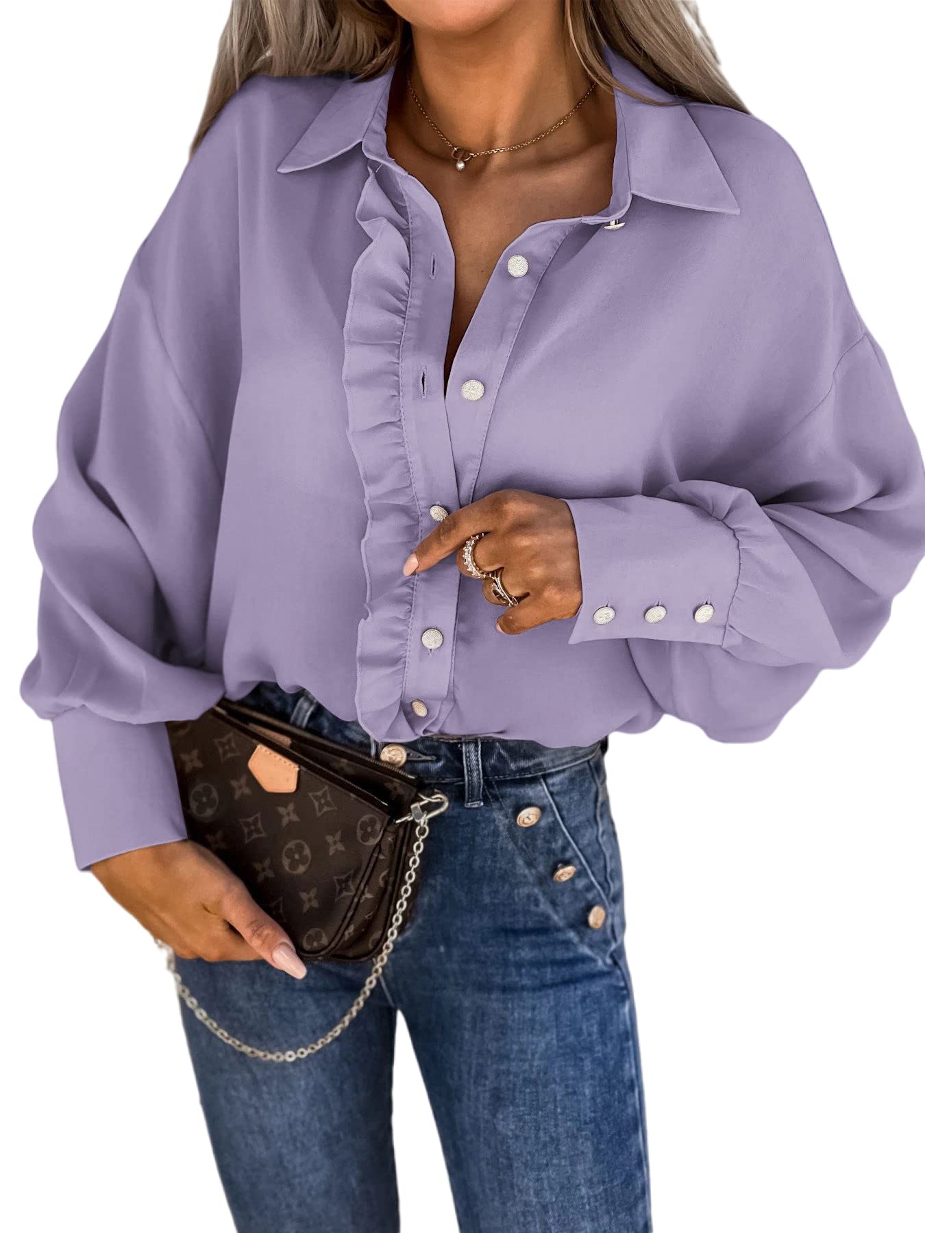 Zwurew Women's Casual Satin Long Sleeve Blouse - Soft Silky Button Down Shirt for Office Work & Business Attire | Elegant Solid Color Tops for Professional Wear & Formal Occasions
