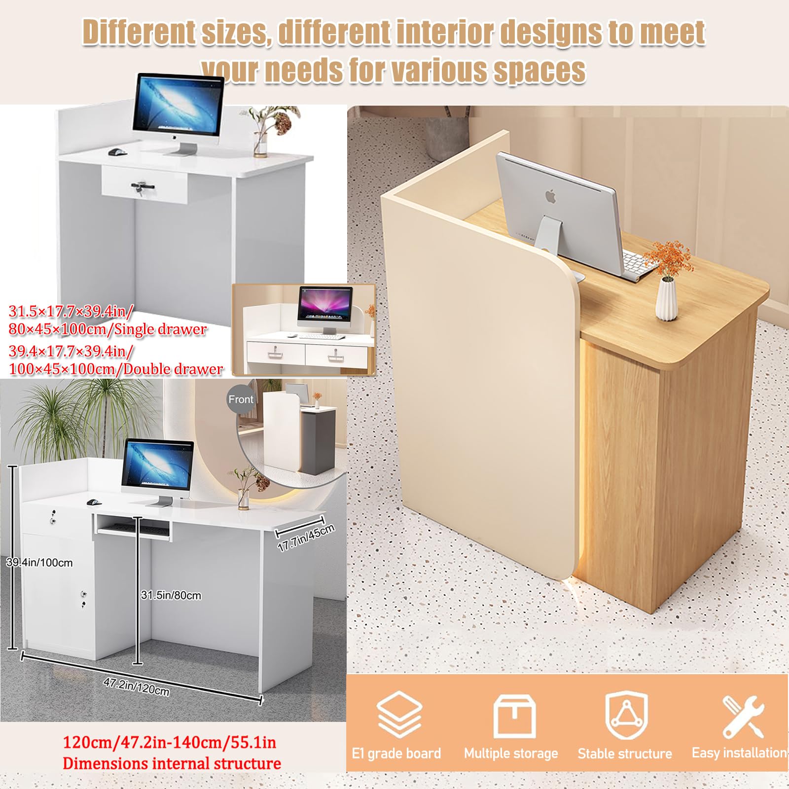 Modern Reception Desk Counter Table with Drawer Storage - Elegant Retail & Cashier Front Desk for Clothing Store, Salon, Hotel & Office - Durable Open Design Reception Cabinet for Professional Spaces
