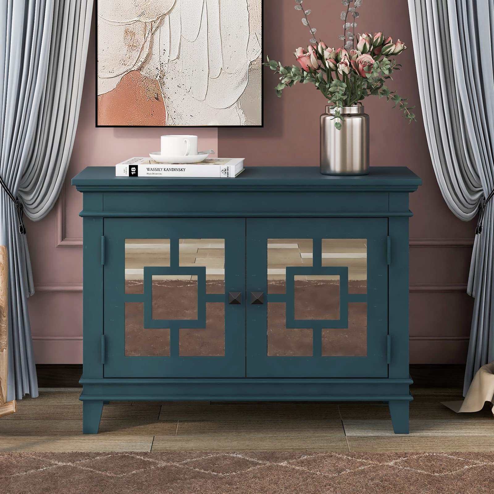 33in Modern Accent Storage Cabinet with Decorative Mirror Door - Solid Wood Console Cabinet for Entryway, Hallway, Living Room, Bedroom & Dining Room - Blue | Perfect for Kitchen Buffet, Home Organization & Stylish Storage Solutions