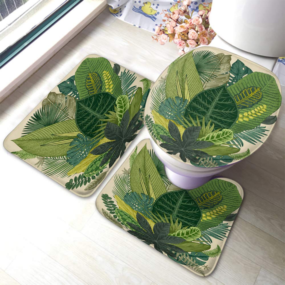 Vintage Tropical Leaf Bath Mat Set - 3 Piece Non-Slip Palm Tree & Banana Leaf Design Bathroom Rug with Toilet Lid Cover | Anti-Skid Green Botanical Plant Decor for Bath, Shower & Vanity Areas