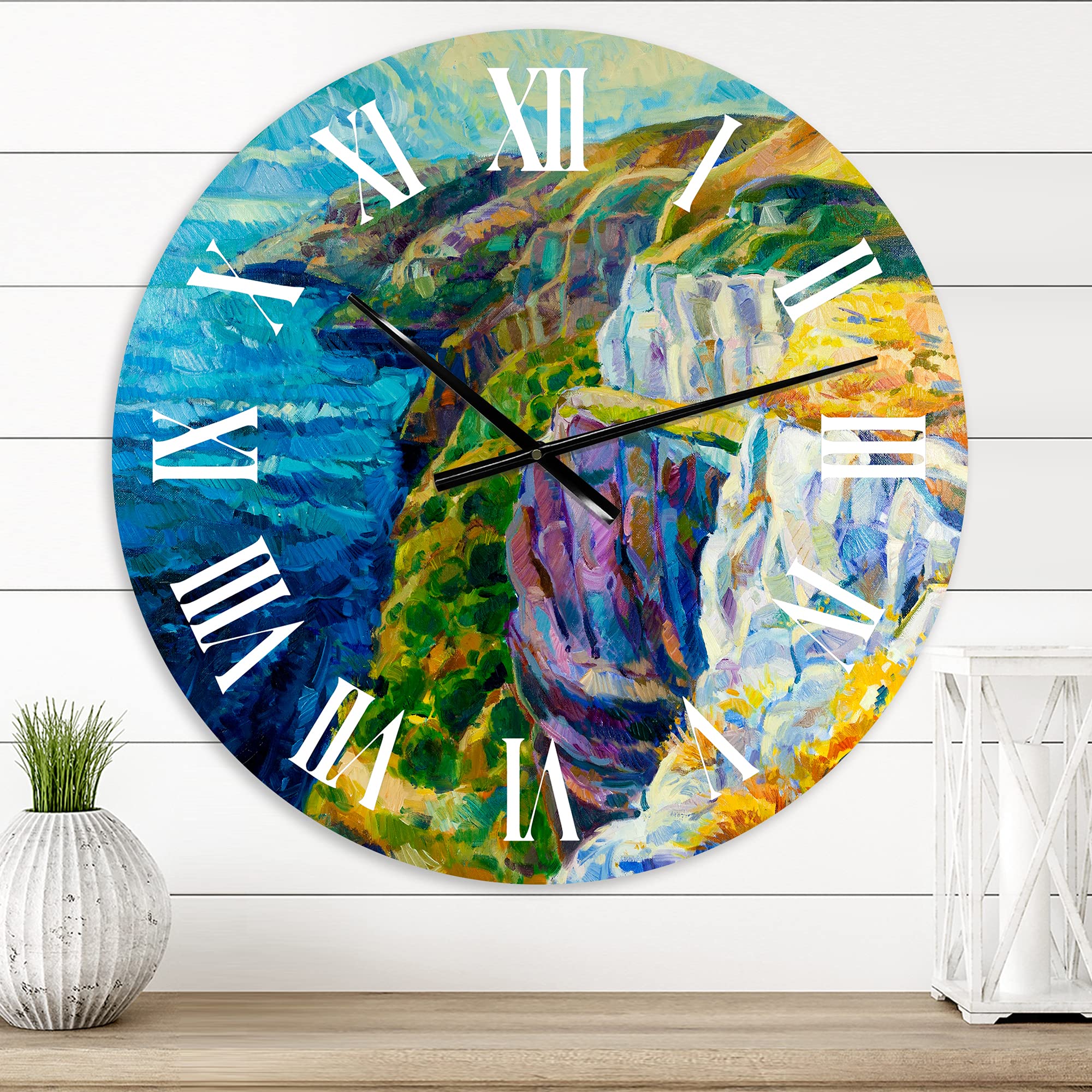 DesignQ Nautical Coastal Wall Clock - 'Cliffs by The Blue Ocean II' - 12 Inch Round Decorative Clock with Silent Movement - Perfect for Beach House, Living Room, Kitchen & Office Decor