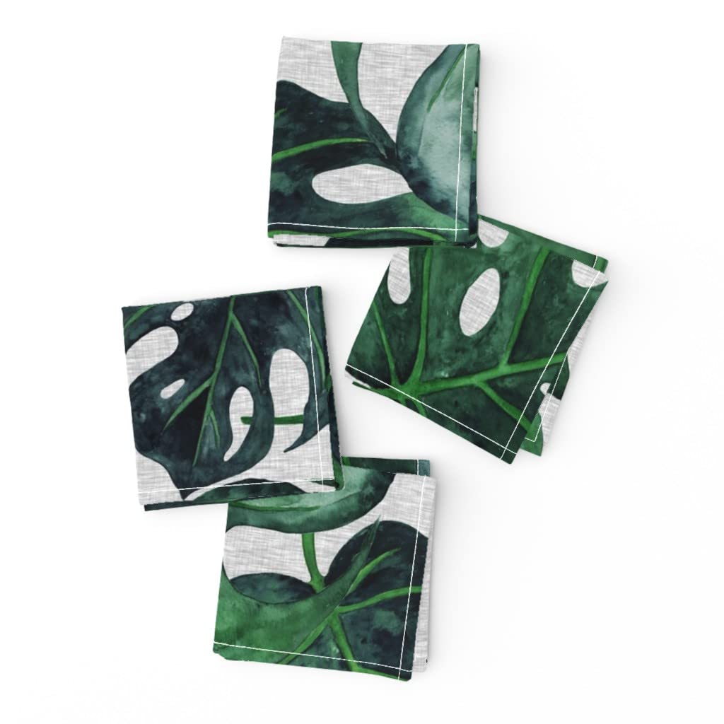 Tropical Botanical Palm Leaf Printed Linen Cotton Cocktail Napkins Set of 4 - Summer Island Green Monstera Grey Leaf Design - Perfect for Beach Parties, Summer BBQs, and Tropical Themed Events