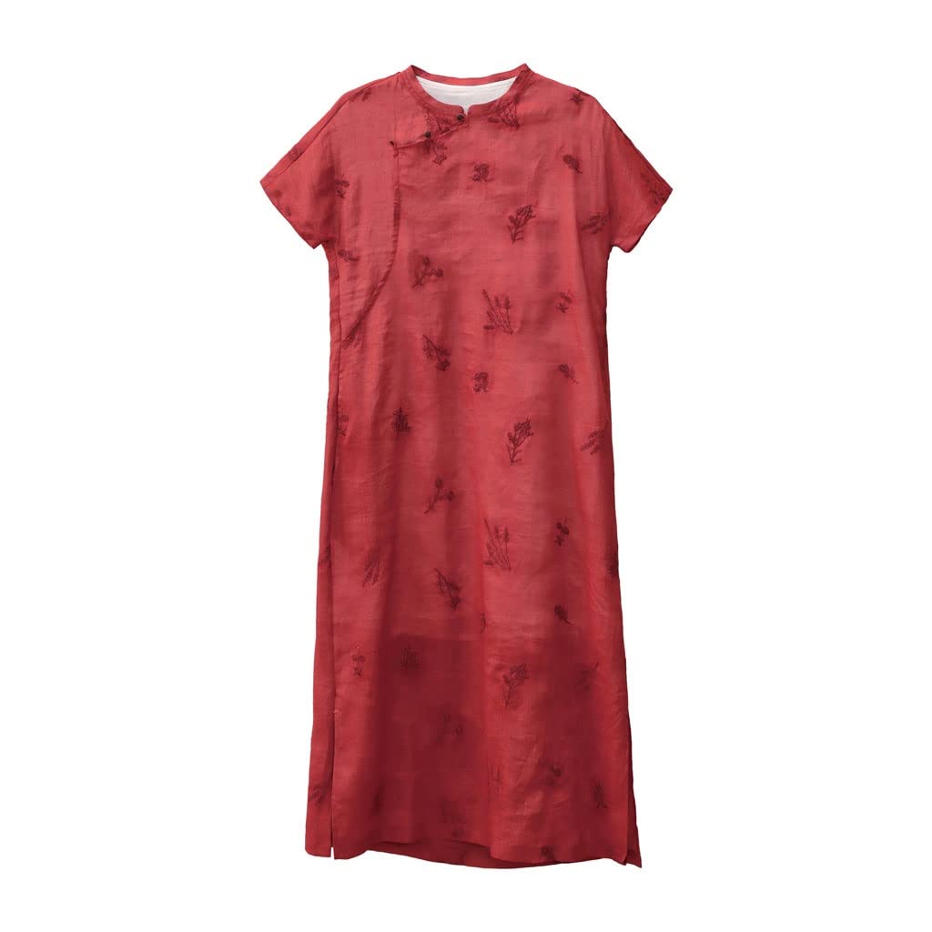 Vintage Floral Embroidered Cotton Linen Cheongsam Dress for Women - Summer Retro Qipao with Side Slits (Color A, Size L) | Perfect for Tea Parties, Weddings, and Cultural Events