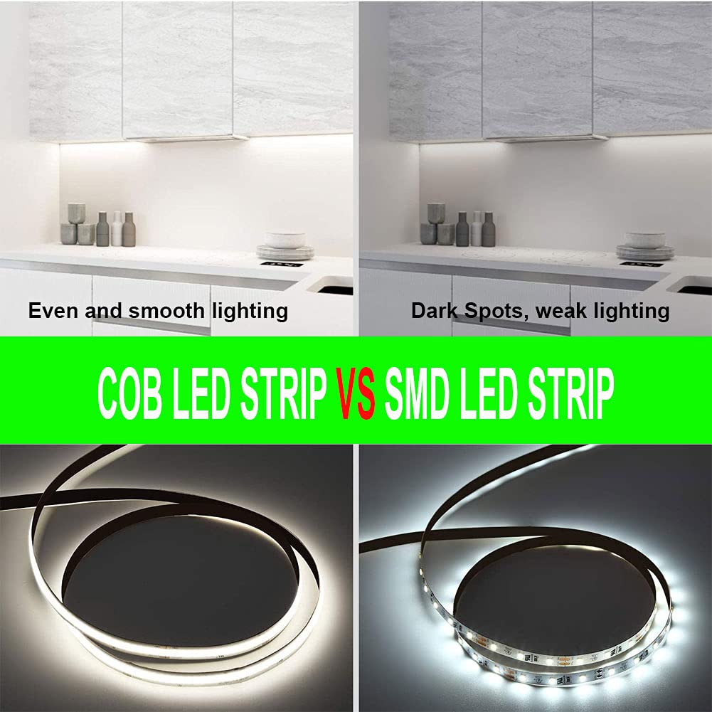 16.4ft/5m COB LED Strip Lights 6500K Daylight White - 1920 LEDs, 38400LM Super Bright, Dimmable, Non-Waterproof - Perfect for Home Decoration, Kitchen Lighting, and Commercial Spaces