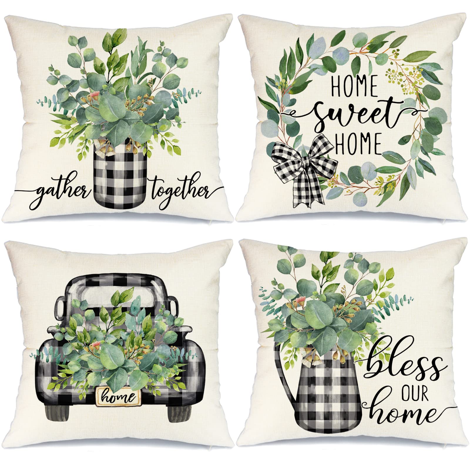 Farmhouse Pillow Covers 20x20 Inch Set of 4 - Buffalo Plaid & Eucalyptus Leaves Design - Decorative Throw Pillow Covers for Sofa, Couch, Bed - Spring Farmhouse Decor - Home Sweet Home Theme - Perfect for Living Room, Bedroom & Seasonal Home Decor