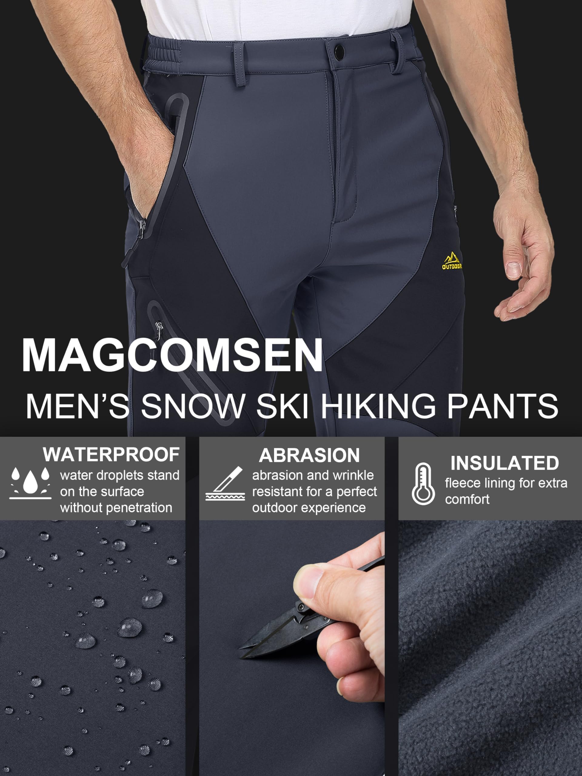 MAGCOMSEN Men's Winter Snow Pants - Fleece Lined Water Resistant Ski Pants with 4 Zip Pockets for Outdoor Activities, Hiking & Cold Weather Protection