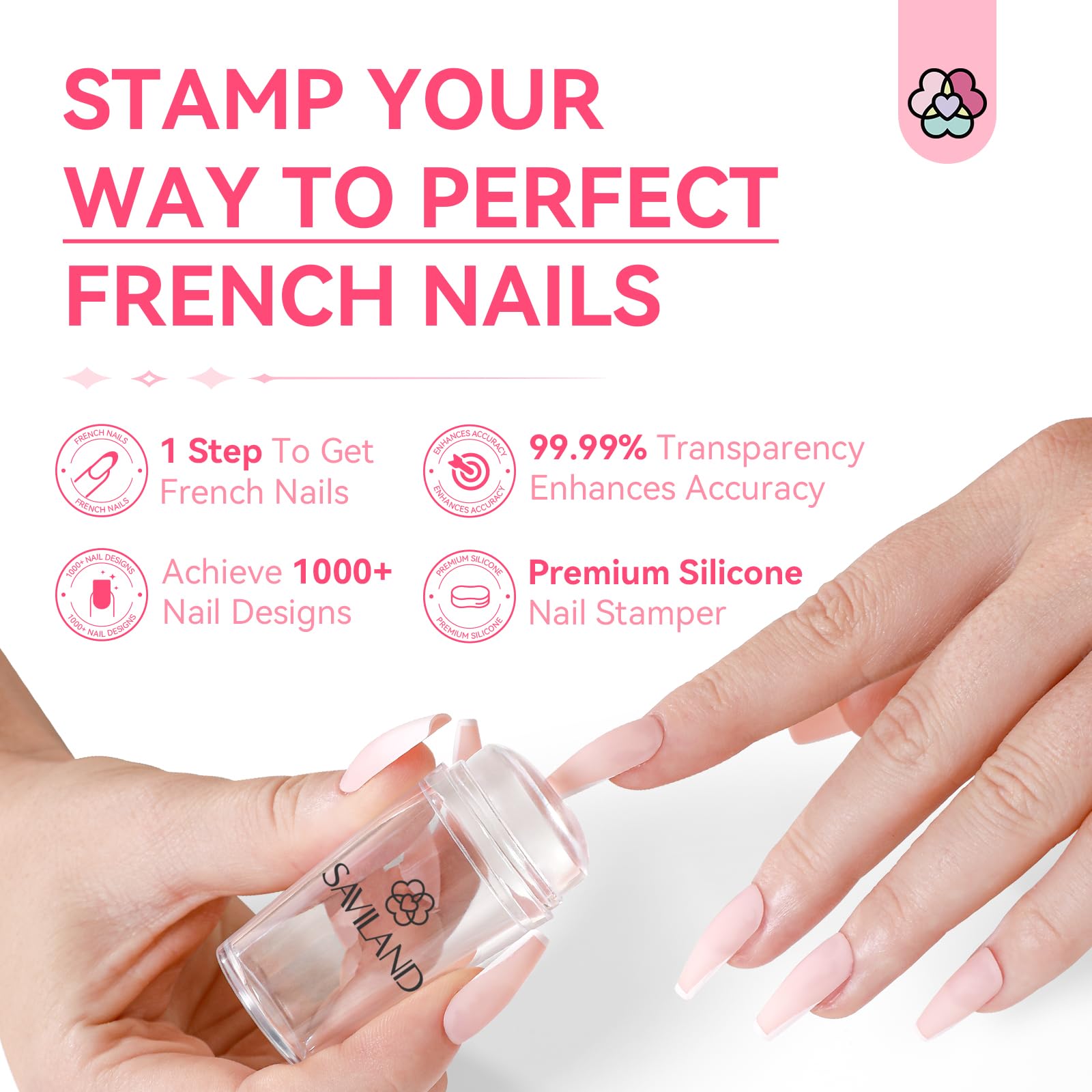 Saviland French Tip Nail Stamp Kit - 4PCS Clear Silicone Nail Art Stamper with Scrapers for DIY French Manicure | Long & Short Jelly Stampers for Home Salon & Professional Nail Designs | Perfect for Beginners & Nail Art Enthusiasts