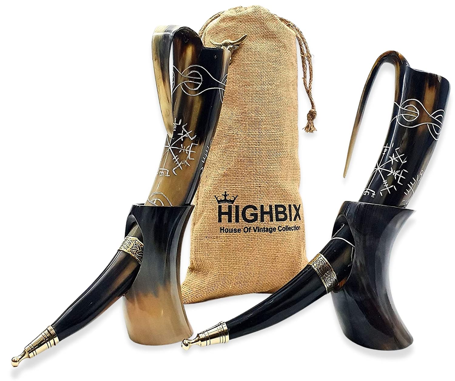 Authentic Handcrafted Viking Drinking Horn Set of 2 - Engraved Royal Viking Design with Metal Stand - Perfect for Medieval Themed Parties, Viking Reenactments & Unique Home Decor