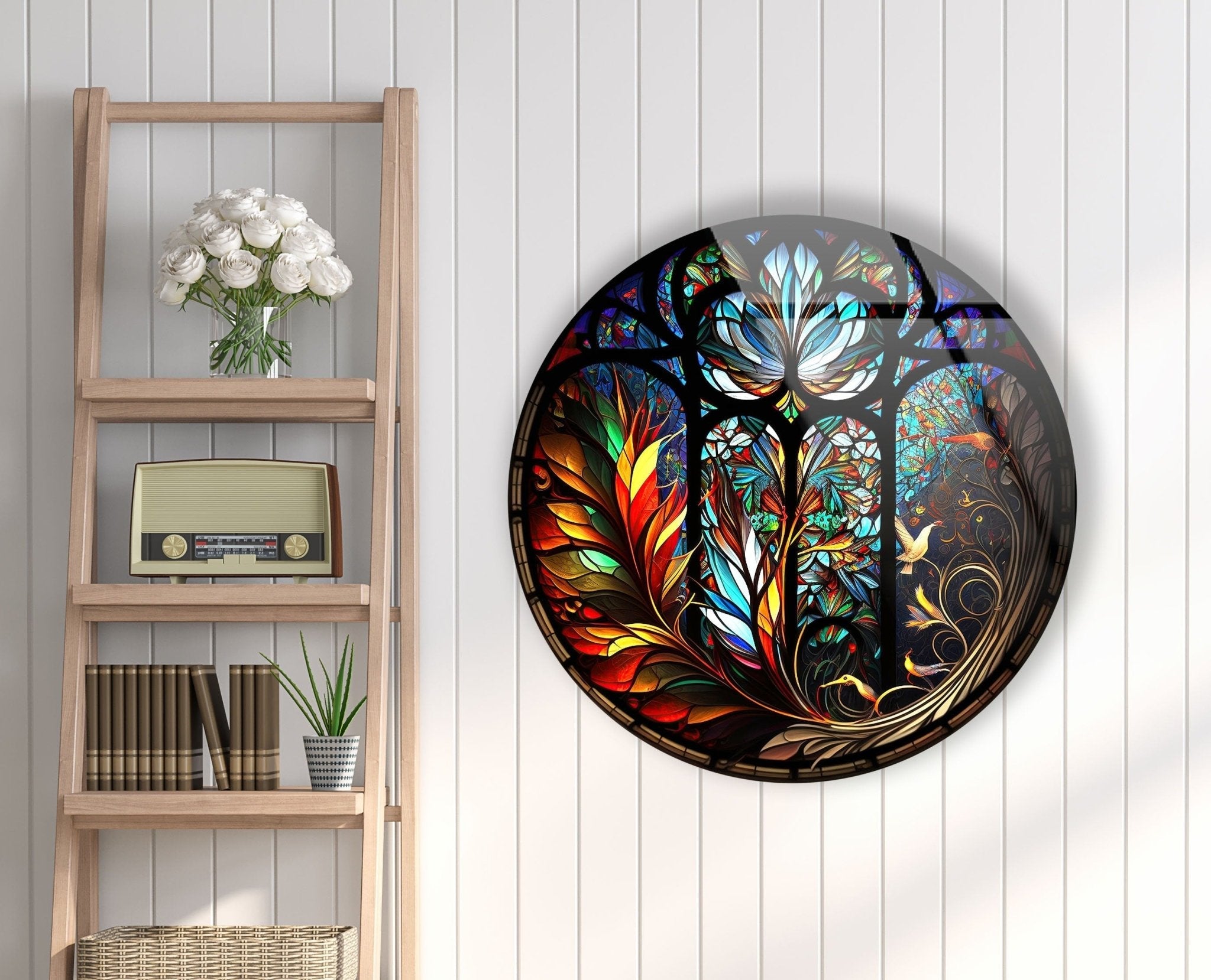 Handcrafted Stained Glass Round Wall Art Decor - Elegant Home & Office Decoration for Living Room, Bedroom, or Entryway