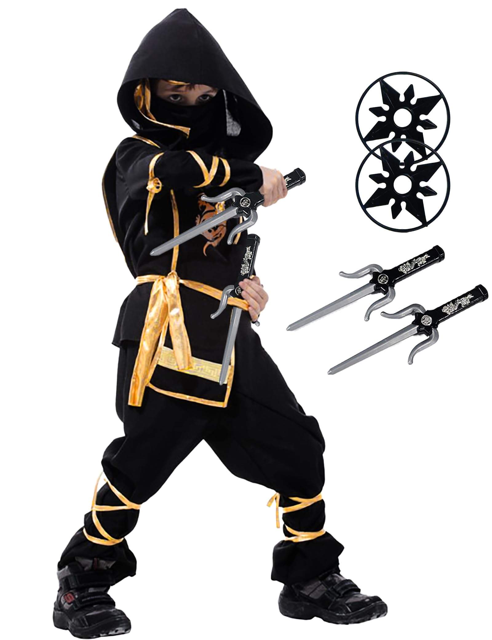 Kids Ninja Costume Set with Plastic Ninja Toys - Halloween Ninja Outfit for Boys & Girls | Dragon Themed Role Play, Birthday Party & Cosplay Costume