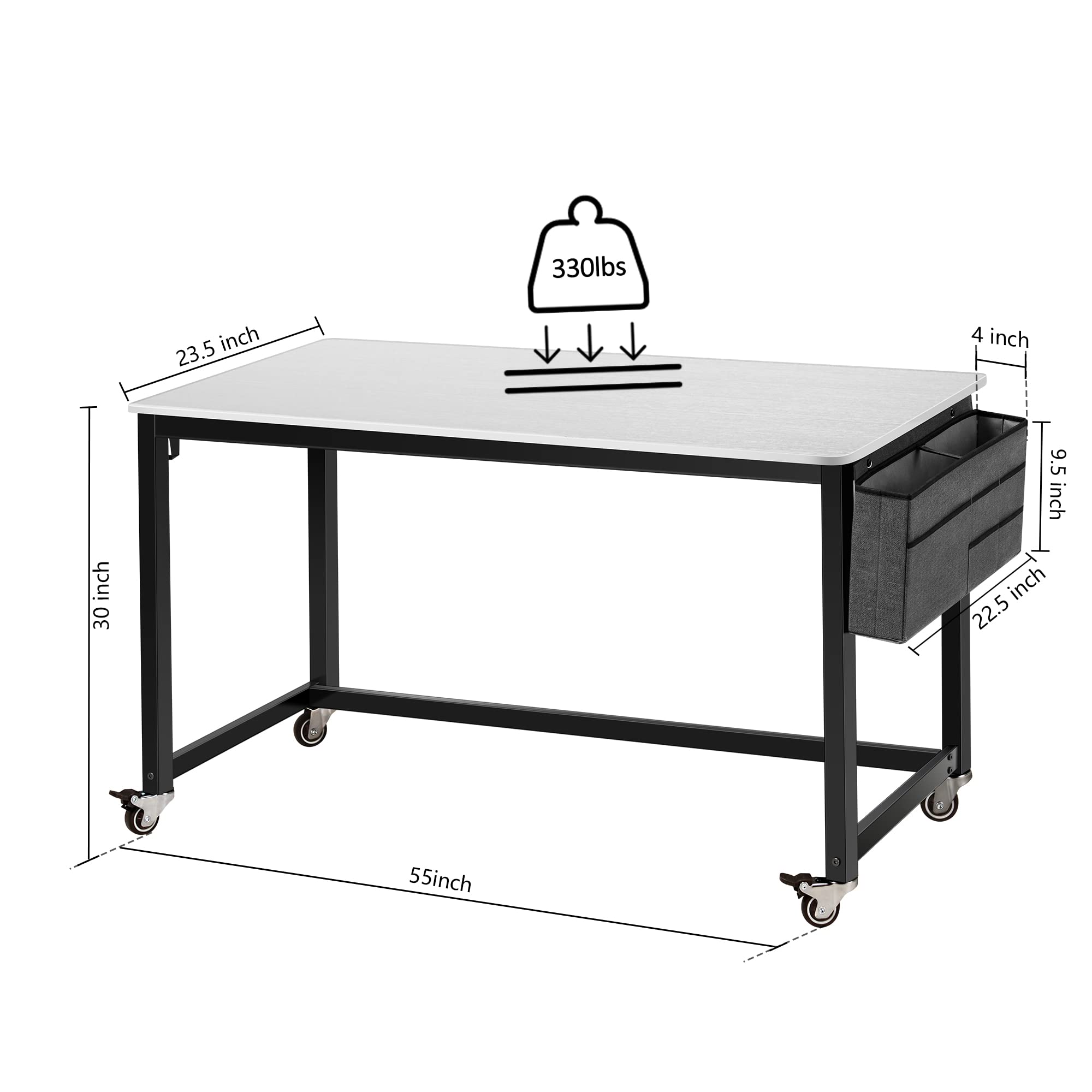 AHB 55 Inch Rolling Computer Desk with 4 Smooth Casters - Mobile Writing Desk for Home Office, Study Table with Sturdy Metal Frame | Perfect for Small Spaces, Dorm Rooms & Adjustable Workstations