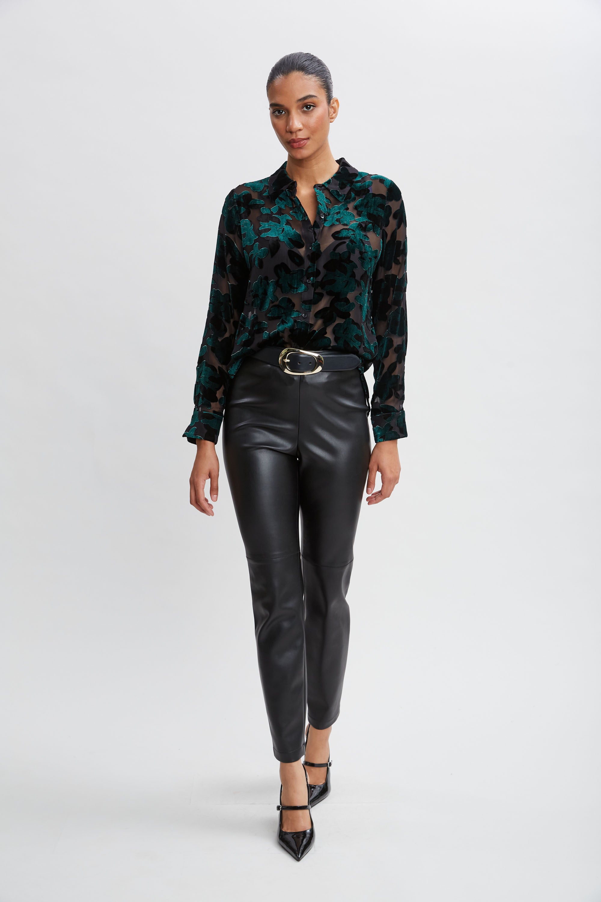 Burnout Velvet Shirt for Women - Soft & Stylish Long Sleeve Blouse - Perfect for Casual Outfits, Date Nights & Office Wear