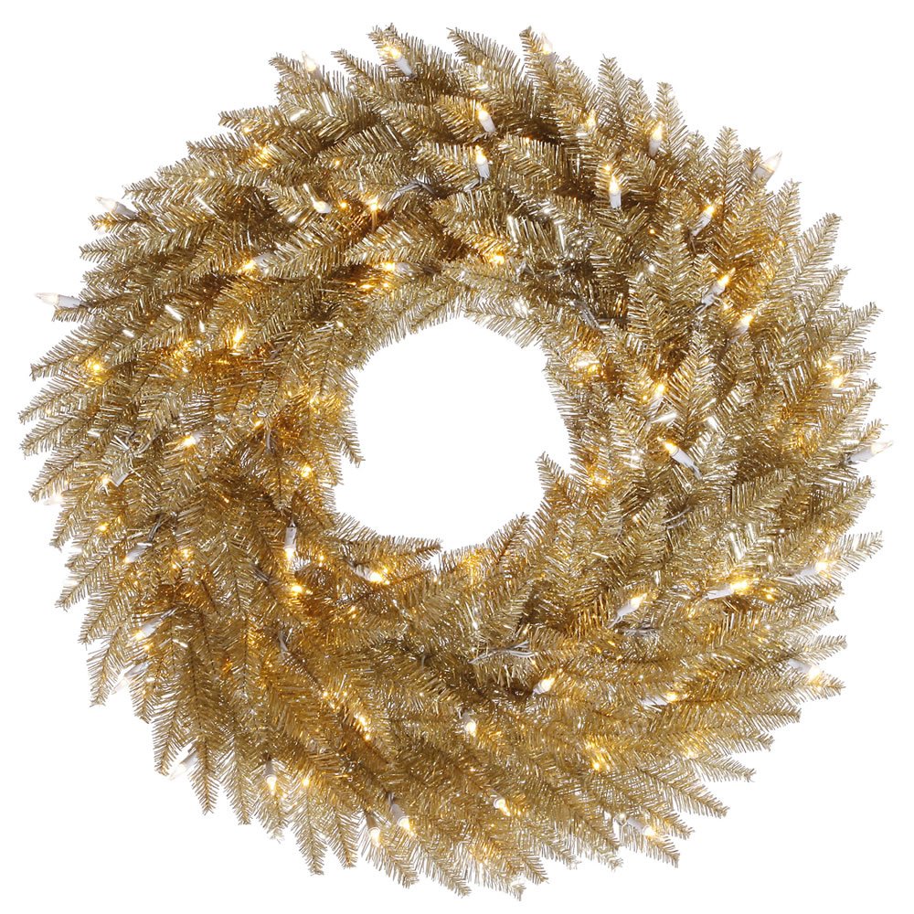 Vickerman 60-Inch Champagne Gold Artificial Christmas Wreath with 200 LED Clear Lights - Elegant Holiday Decor for Front Door, Fireplace & Indoor/Outdoor Use