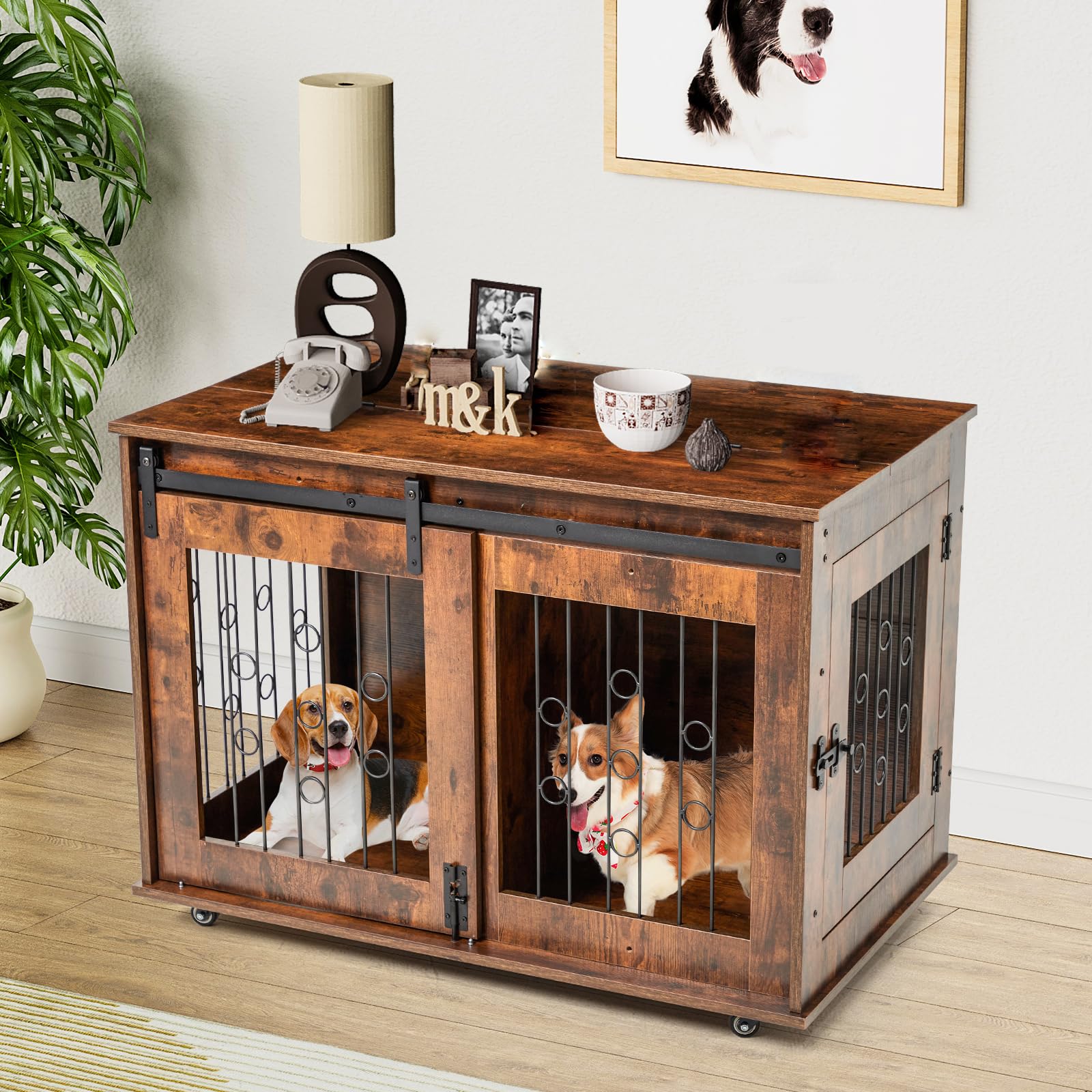 GARVEE 39 Inch Wooden Double Dog Crate with Removable Divider & Barn Door Style - Indoor Pet Kennel for Large Dogs, Perfect for Home, Office, or Travel Use