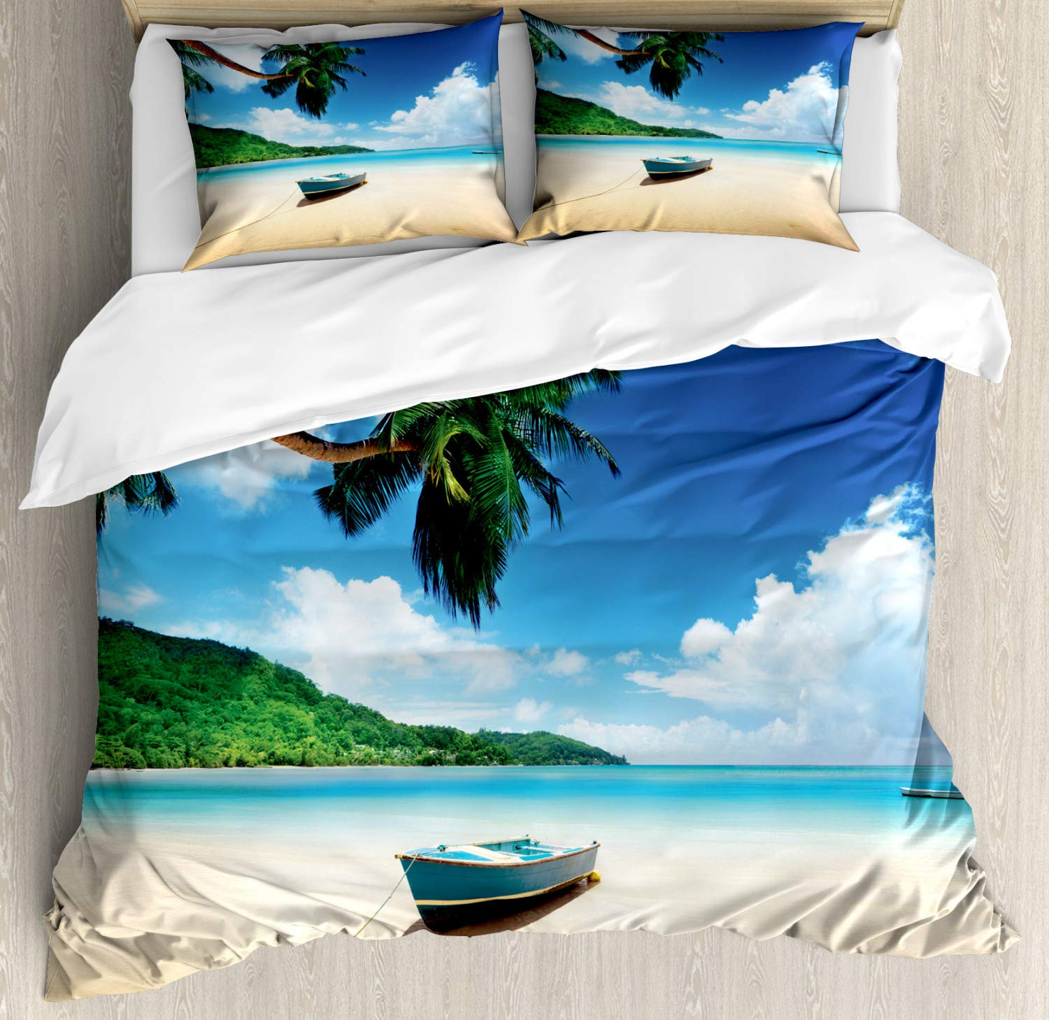 Ambesonne Beach Duvet Cover Set 3-Piece - Boat on The Beach Mahe Island Seychelles Tropical Design, California King Size Blue Green Sand Brown Bedding with 2 Pillow Shams - Perfect for Coastal Themed Bedrooms, Guest Rooms & Vacation Homes