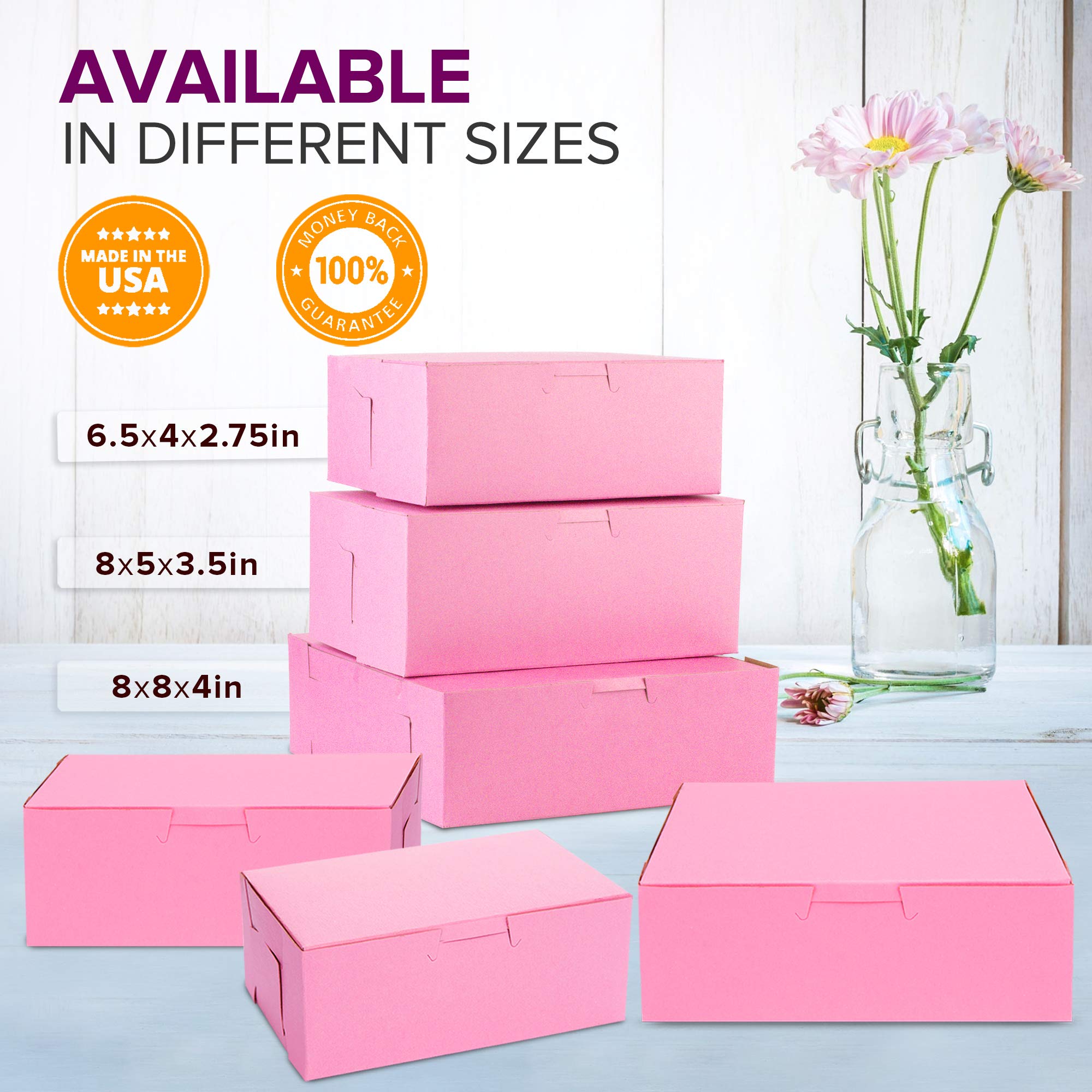 250 Pack Pink Bakery Boxes 8x8x3 Inches - Cake Pastry Boxes for Cupcakes, Desserts, Cookies & Candy Packaging - Perfect for Bakeries, Homemade Baked Goods, Party Favors, Wedding Gifts & Special Occasions